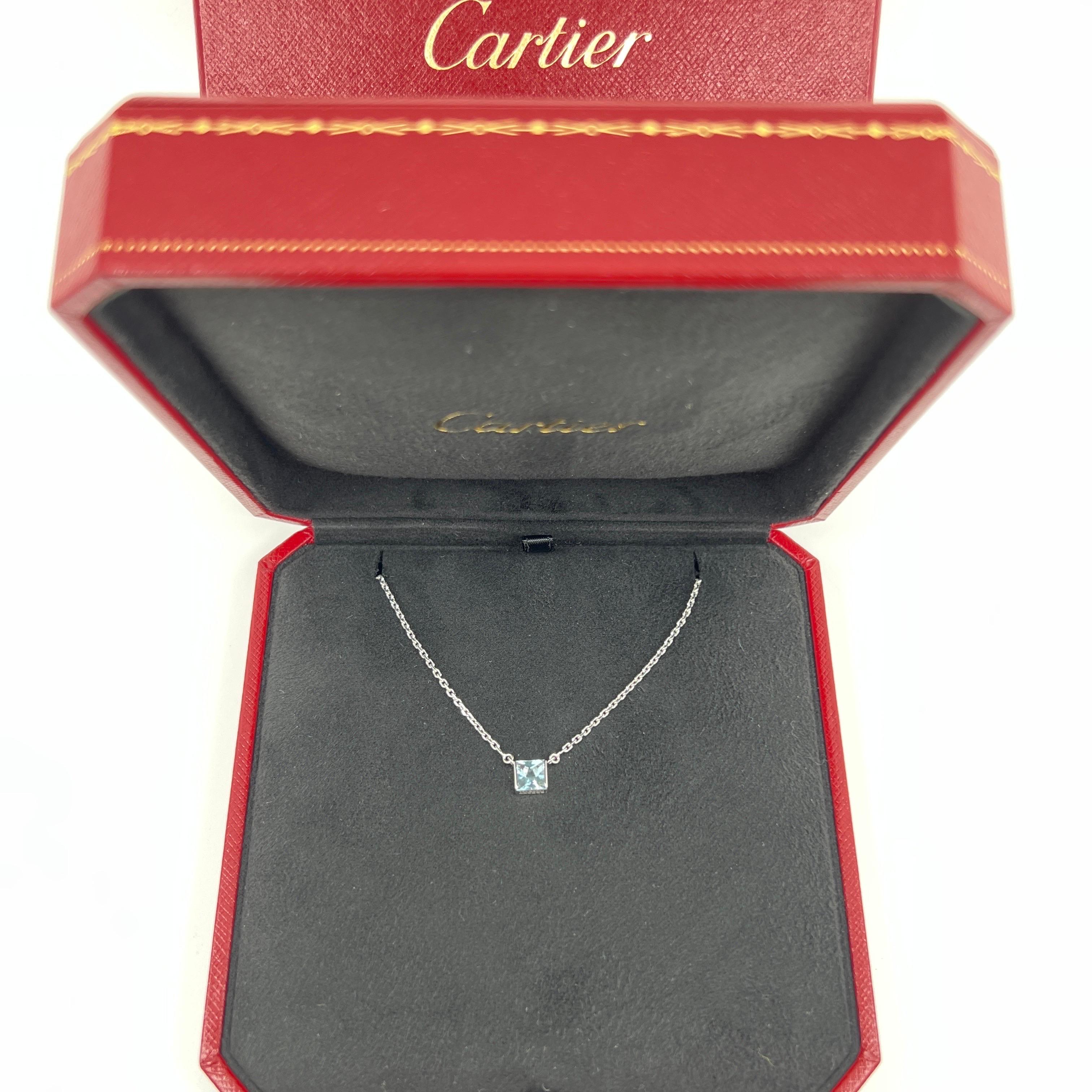 Vintage Cartier Blue Aquamarine Cushion Cut 18k White Gold Tank Pendant Necklace 2