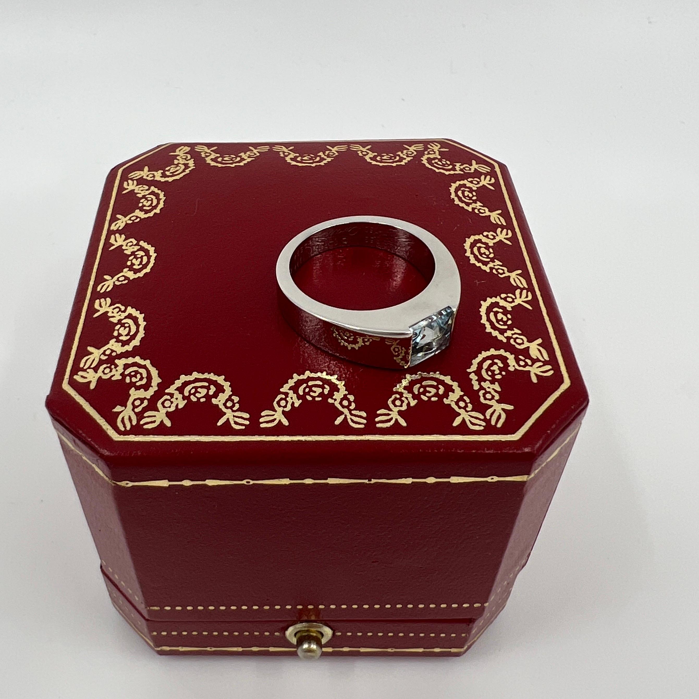Women's or Men's Vintage Cartier Blue Aquamarine Square Cushion Cut 18k White Gold Tank Ring 48 J