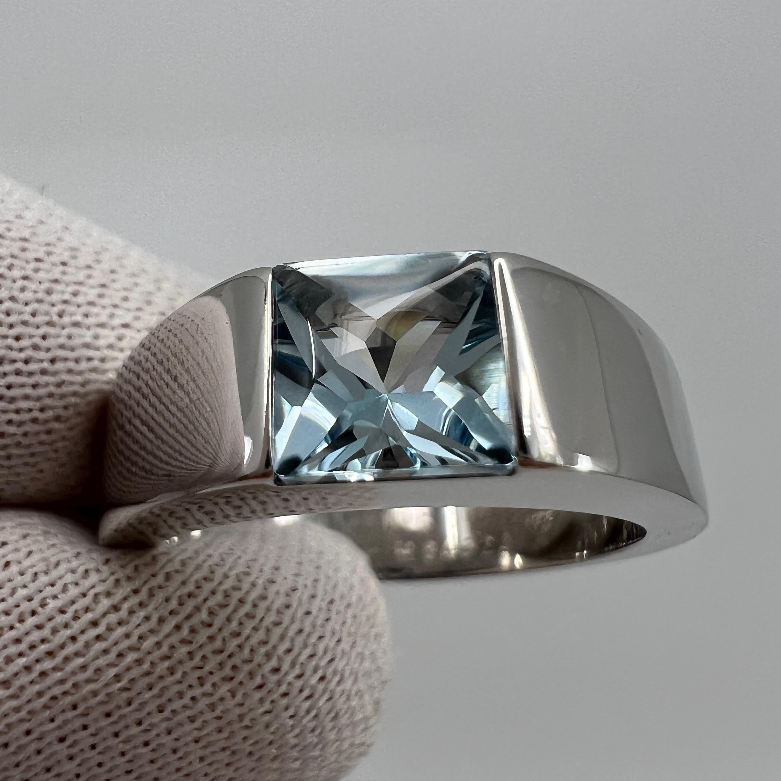 Vintage Cartier Blue Aquamarine Square Cushion Cut 18k White Gold Tank Ring 49 J For Sale 5