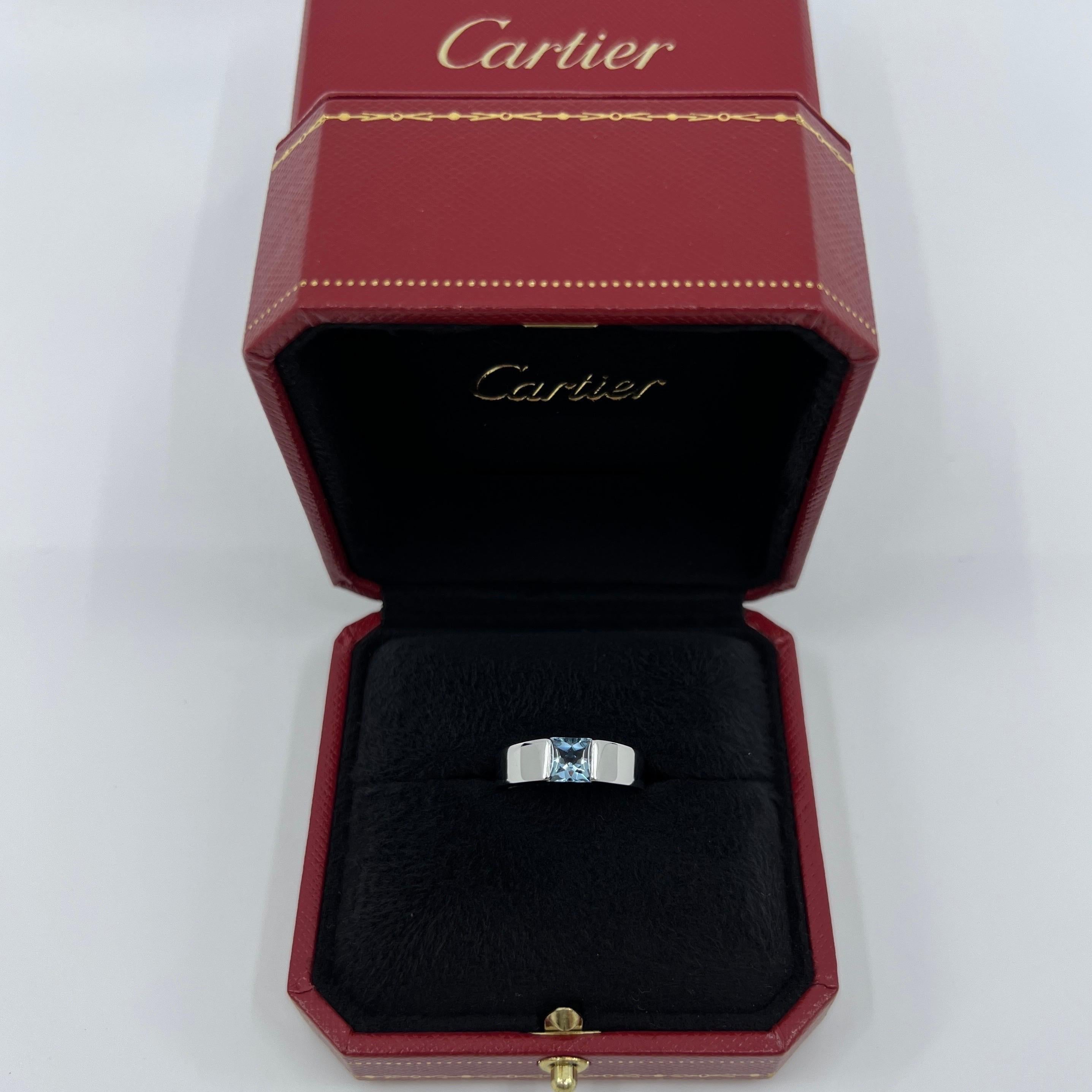 Square Cut Vintage Cartier Blue Aquamarine Square Cushion Cut 18k White Gold Tank Ring 49 J For Sale