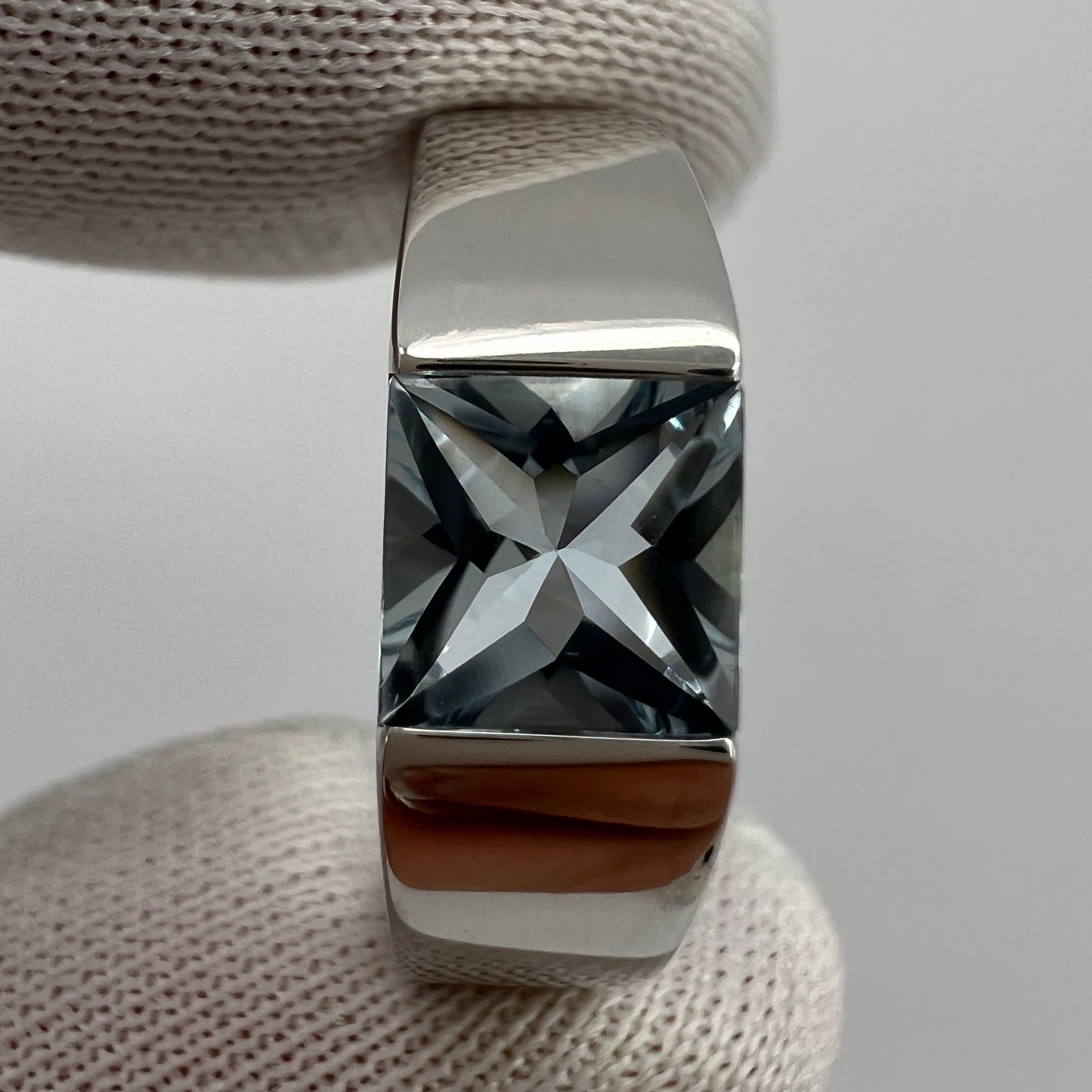Women's or Men's Vintage Cartier Blue Aquamarine Square Cushion Cut 18k White Gold Tank Ring 49 J For Sale