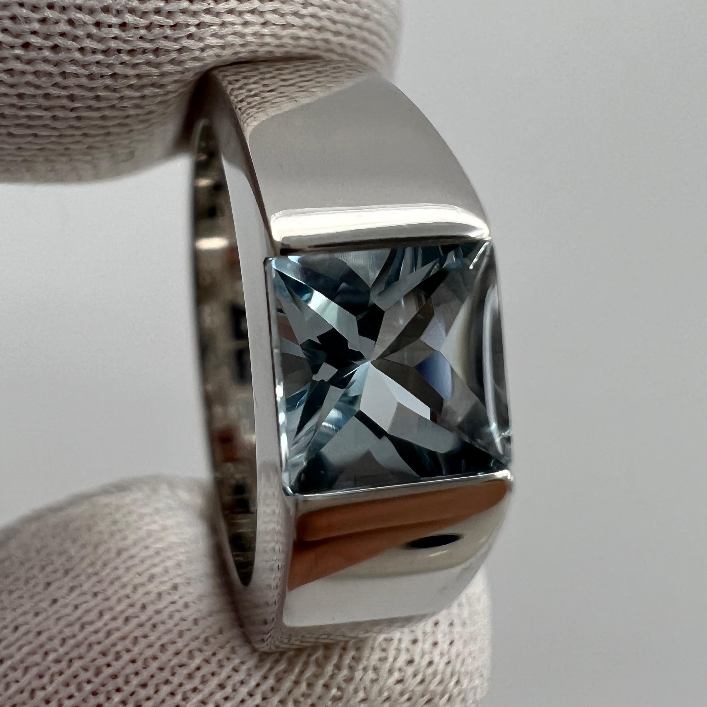 Vintage Cartier Blue Aquamarine Square Cushion Cut 18k White Gold Tank Ring 49 J For Sale 1