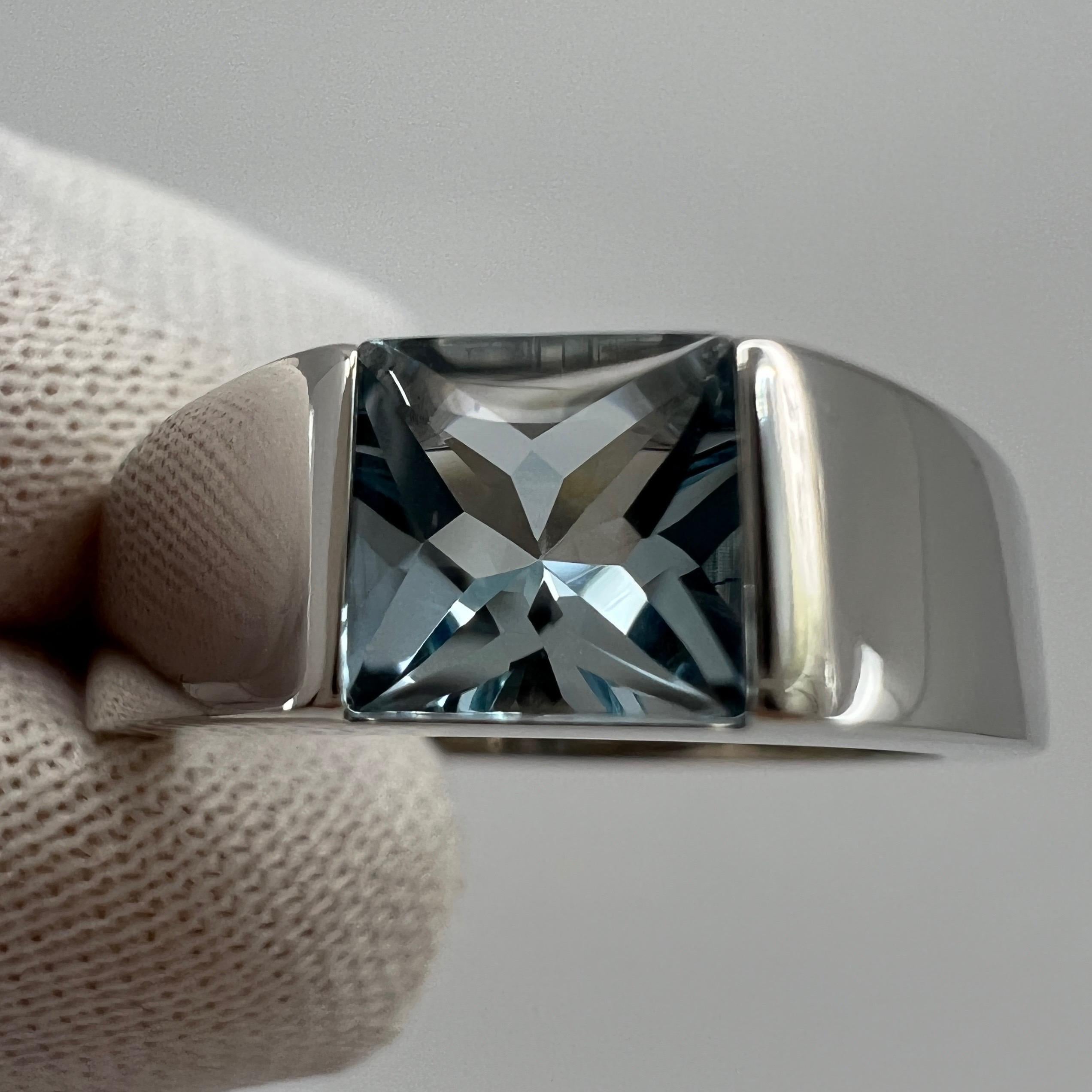 Vintage Cartier Blue Aquamarine Square Cushion Cut 18k White Gold Tank Ring 49 J For Sale 3