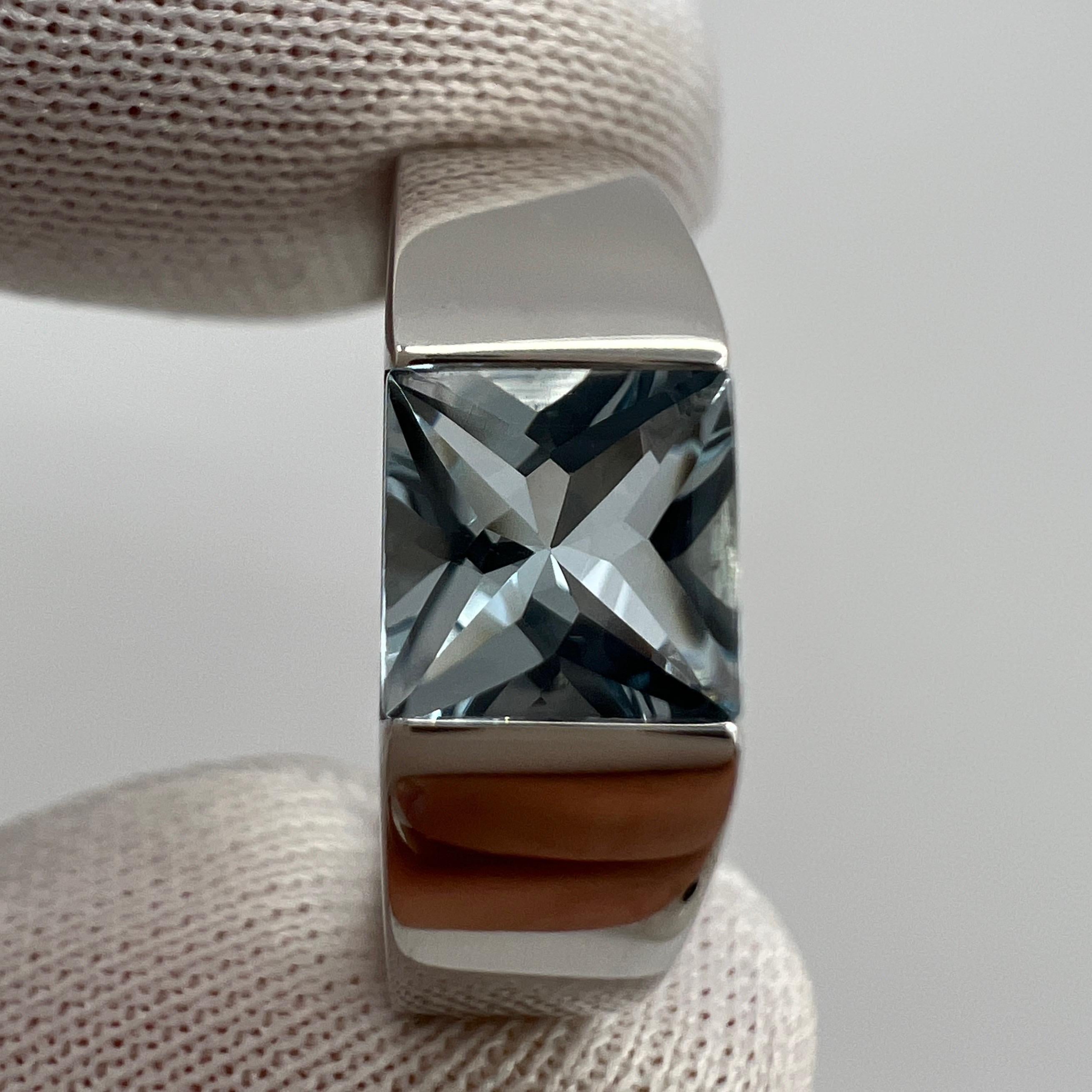 Vintage Cartier Blue Aquamarine Square Cushion Cut 18k White Gold Tank Ring 49 J For Sale 4