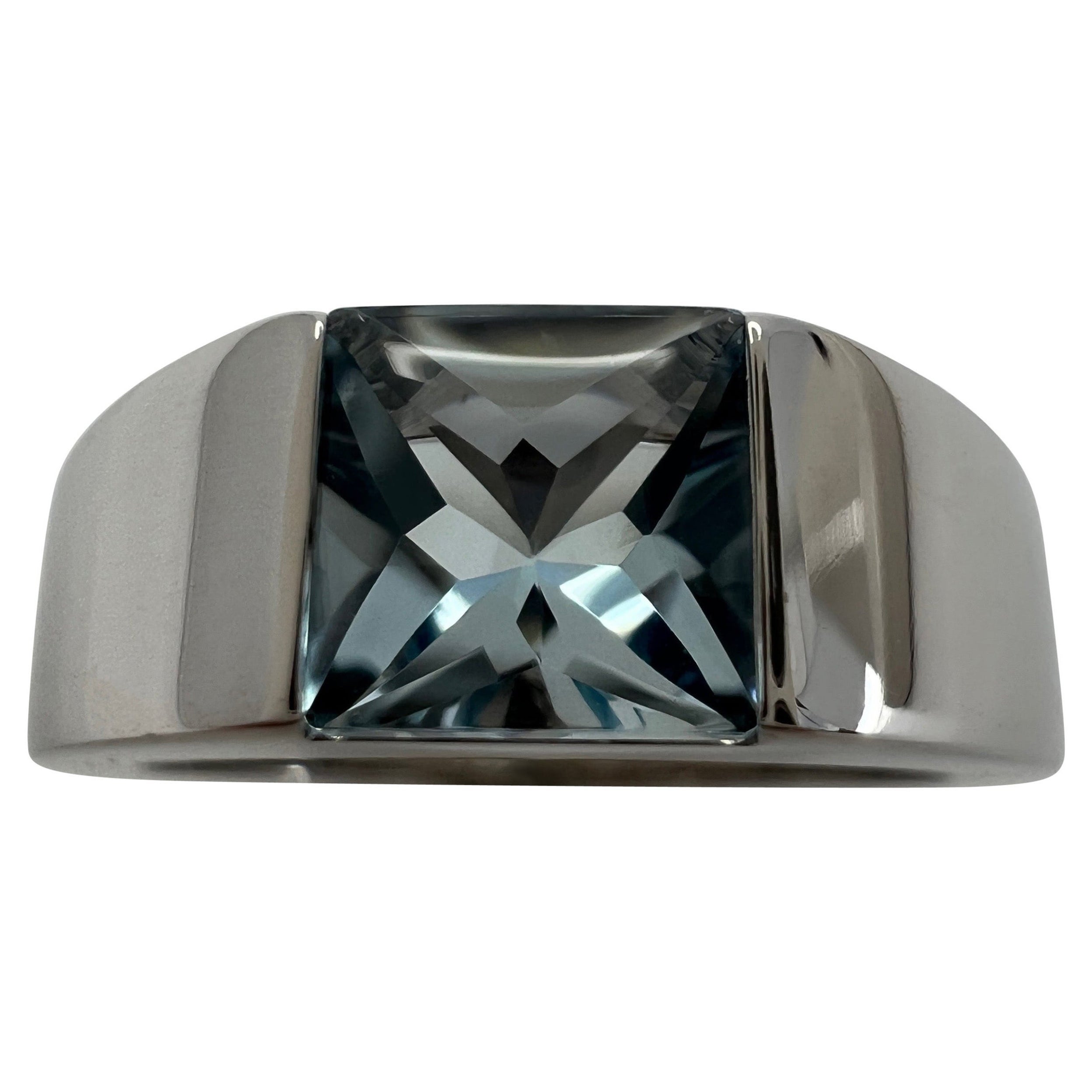 Cartier Vintage Blue Aquamarine Square Cushion Cut 18k White Gold Tank Ring 49 J