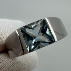 Vintage Cartier Blue Aquamarine Square Cushion Cut 18k White Gold Tank Ring 51 L