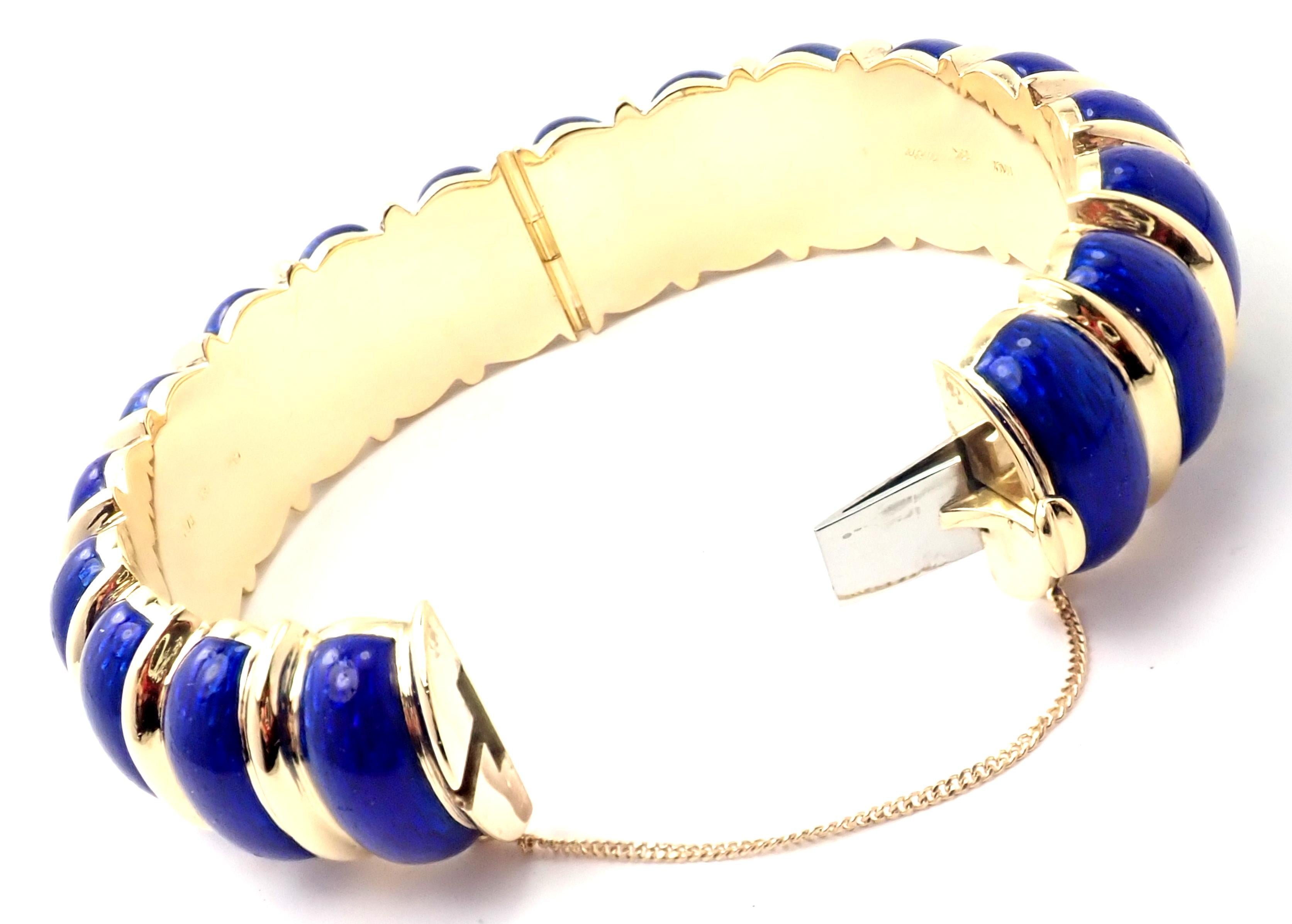 Vintage Cartier Blue Enamel Yellow Gold Wide Bangle Bracelet 7