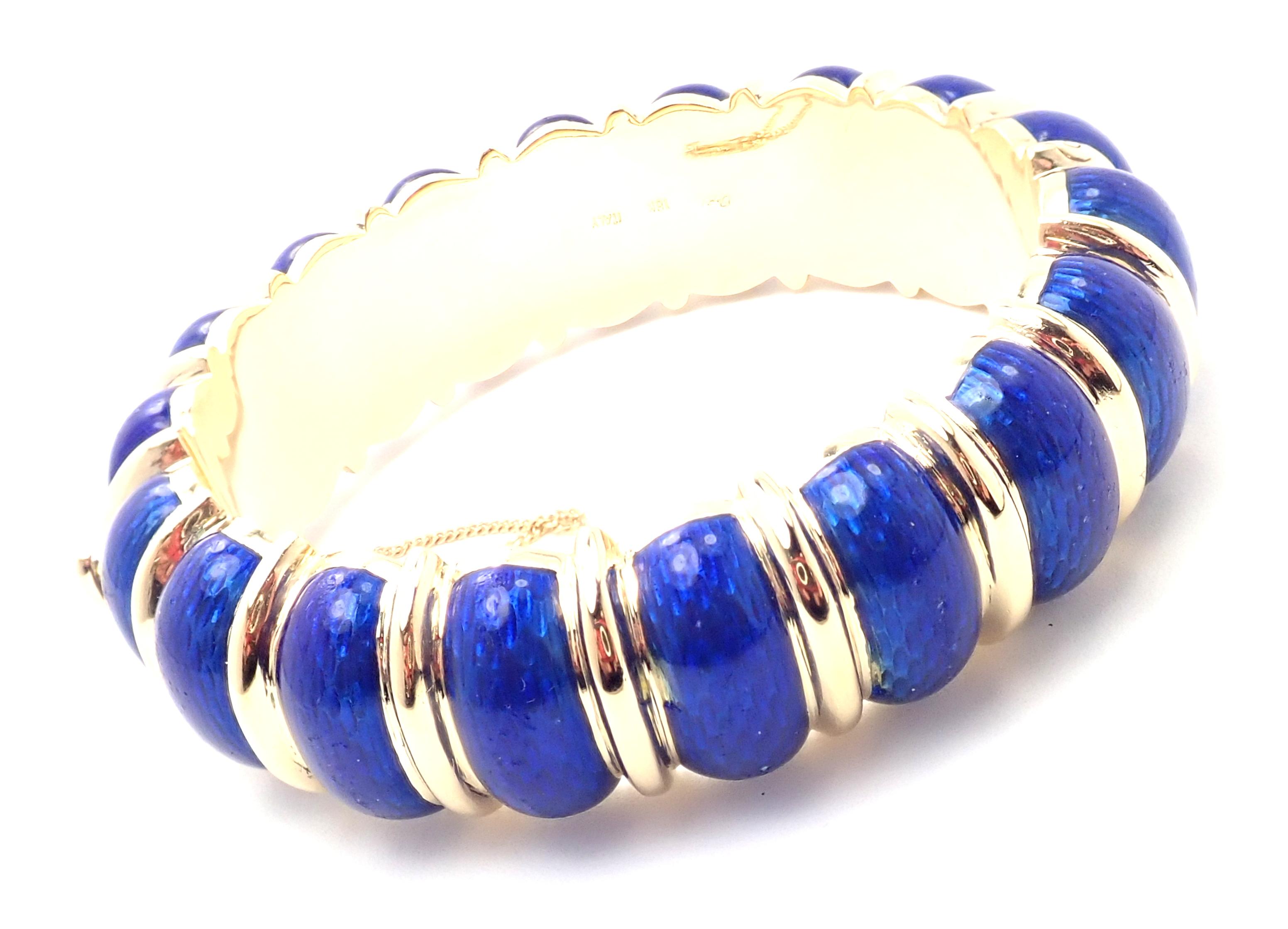 Vintage Cartier Blue Enamel Yellow Gold Wide Bangle Bracelet In Excellent Condition In Holland, PA