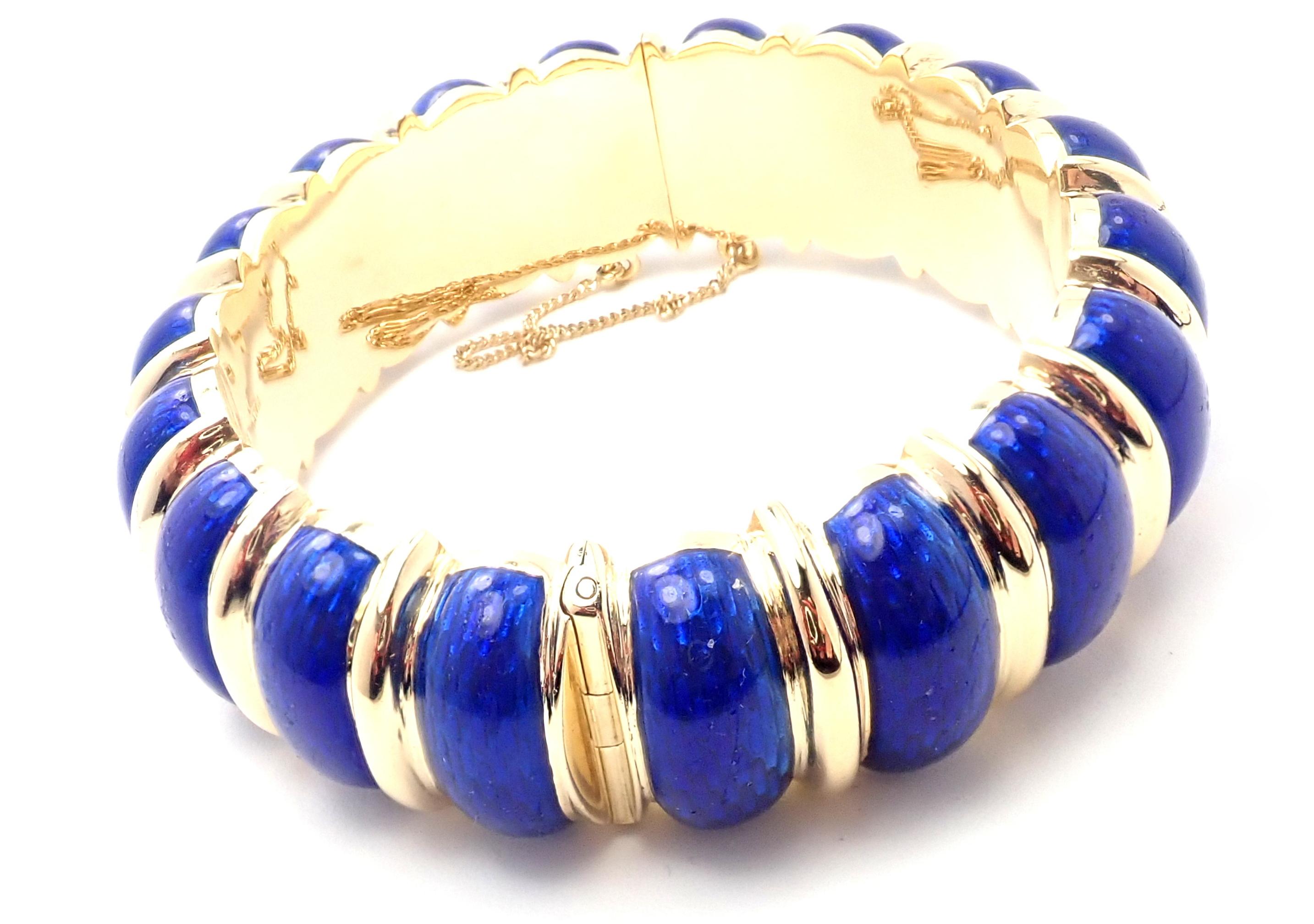 Women's or Men's Vintage Cartier Blue Enamel Yellow Gold Wide Bangle Bracelet