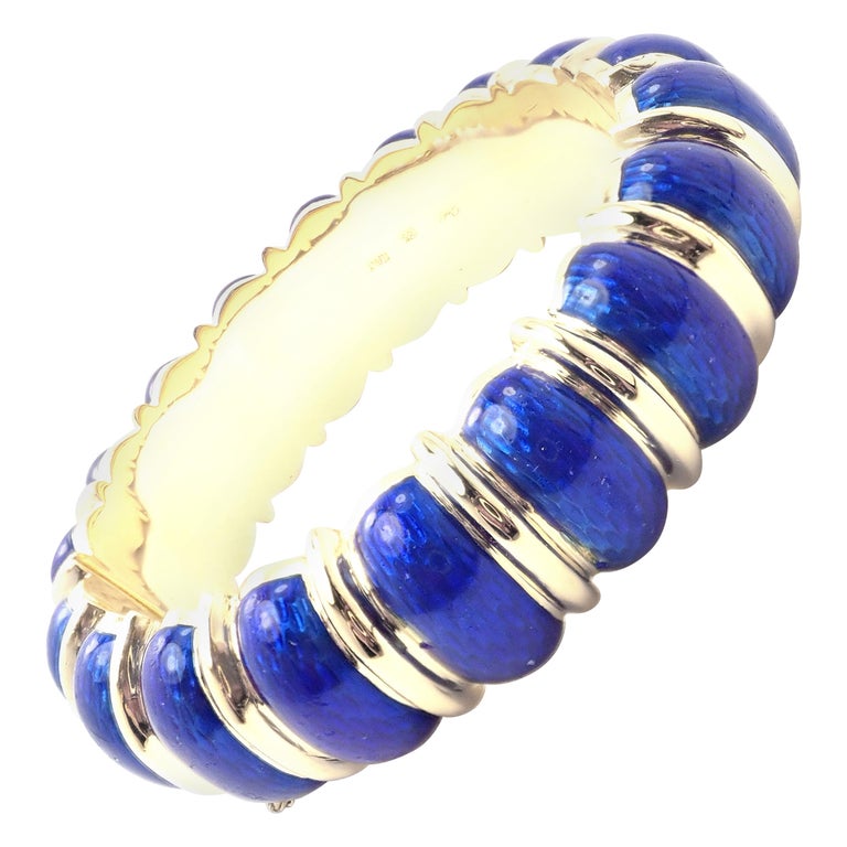 Vintage Cartier Blue Enamel Yellow Gold Wide Bangle Bracelet at 1stDibs