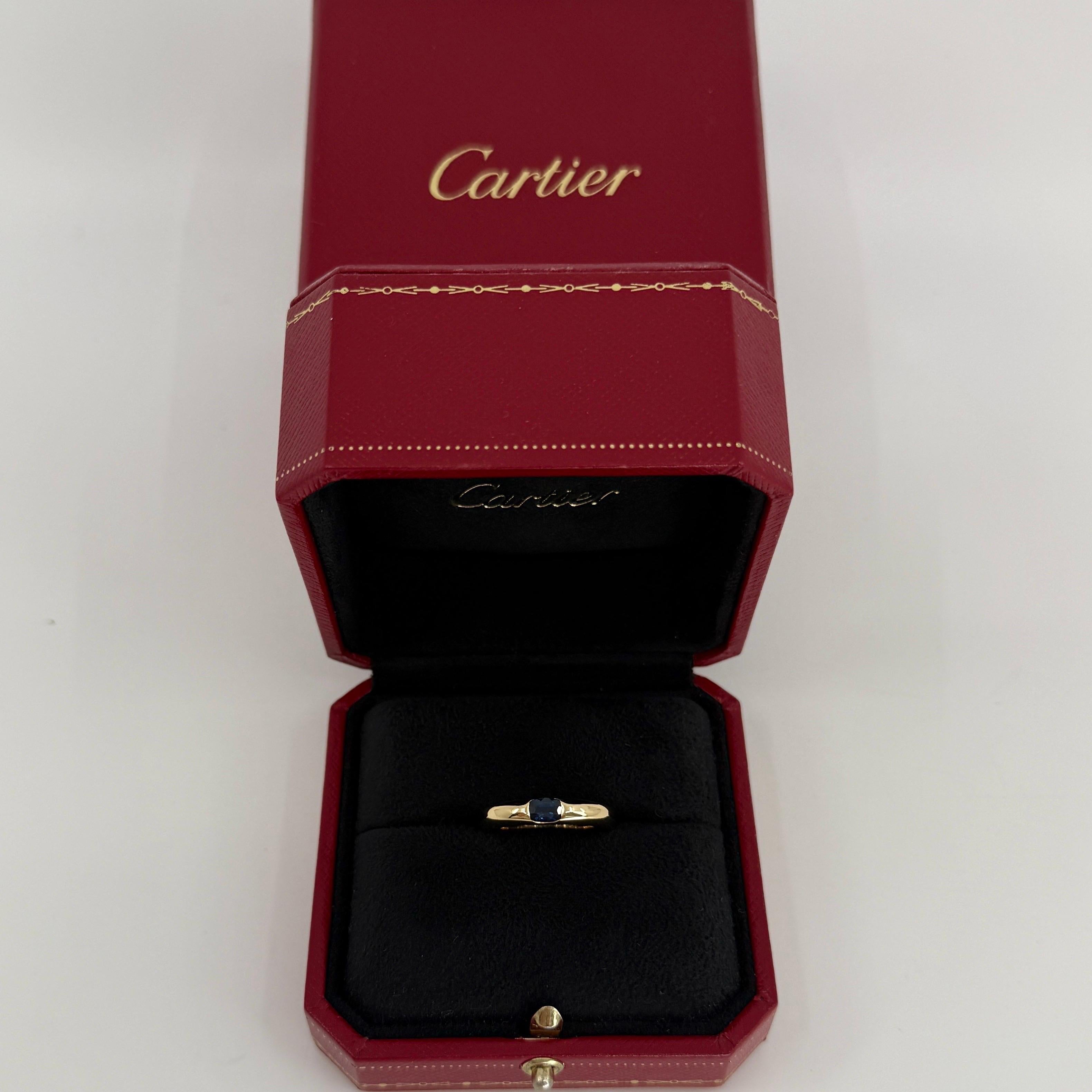 Vintage Cartier Deep Blue Sapphire 18k Yellow Gold Solitaire Band Ring.

Stunning yellow gold ring set with a fine deep blue sapphire. Fine jewellery houses like Cartier only use the best gemstones and this sapphire is no exception. 
An excellent