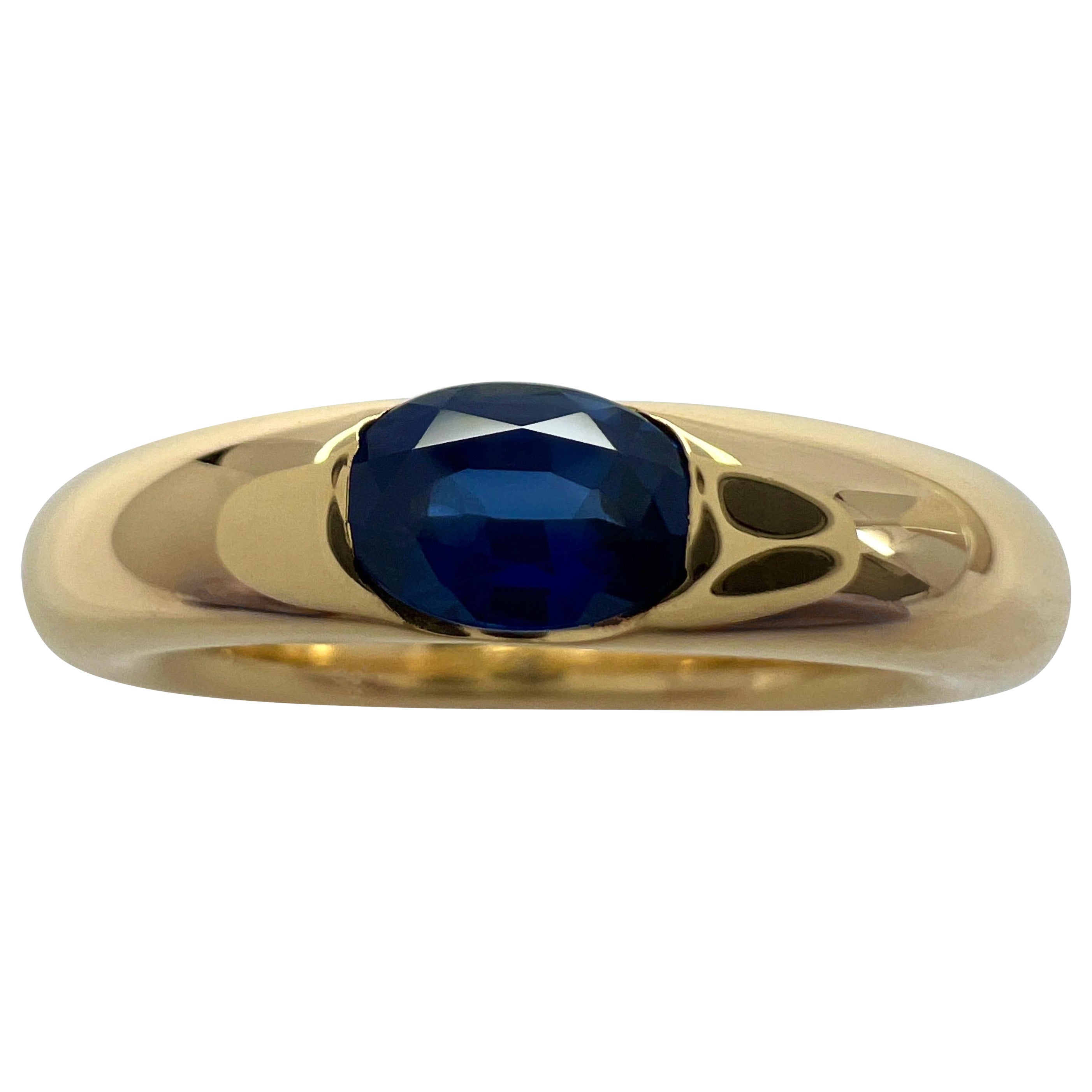 Vintage Cartier Blue Sapphire Oval Ellipse 18k Yellow Gold Solitaire Ring 51 For Sale