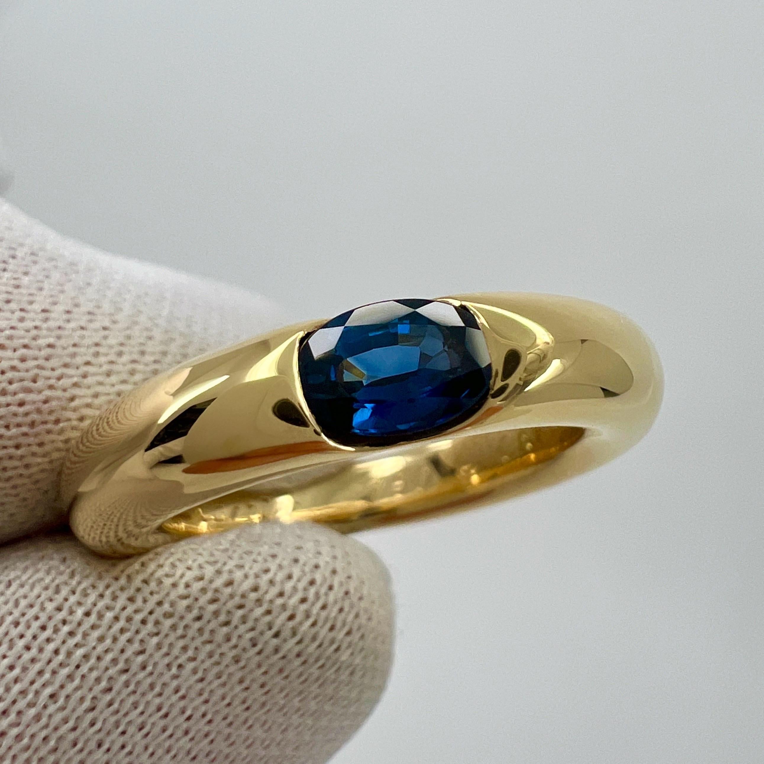 Vintage Cartier Blue Sapphire Oval Ellipse 18k Yellow Gold Solitaire Ring US5 49 In Excellent Condition For Sale In Birmingham, GB