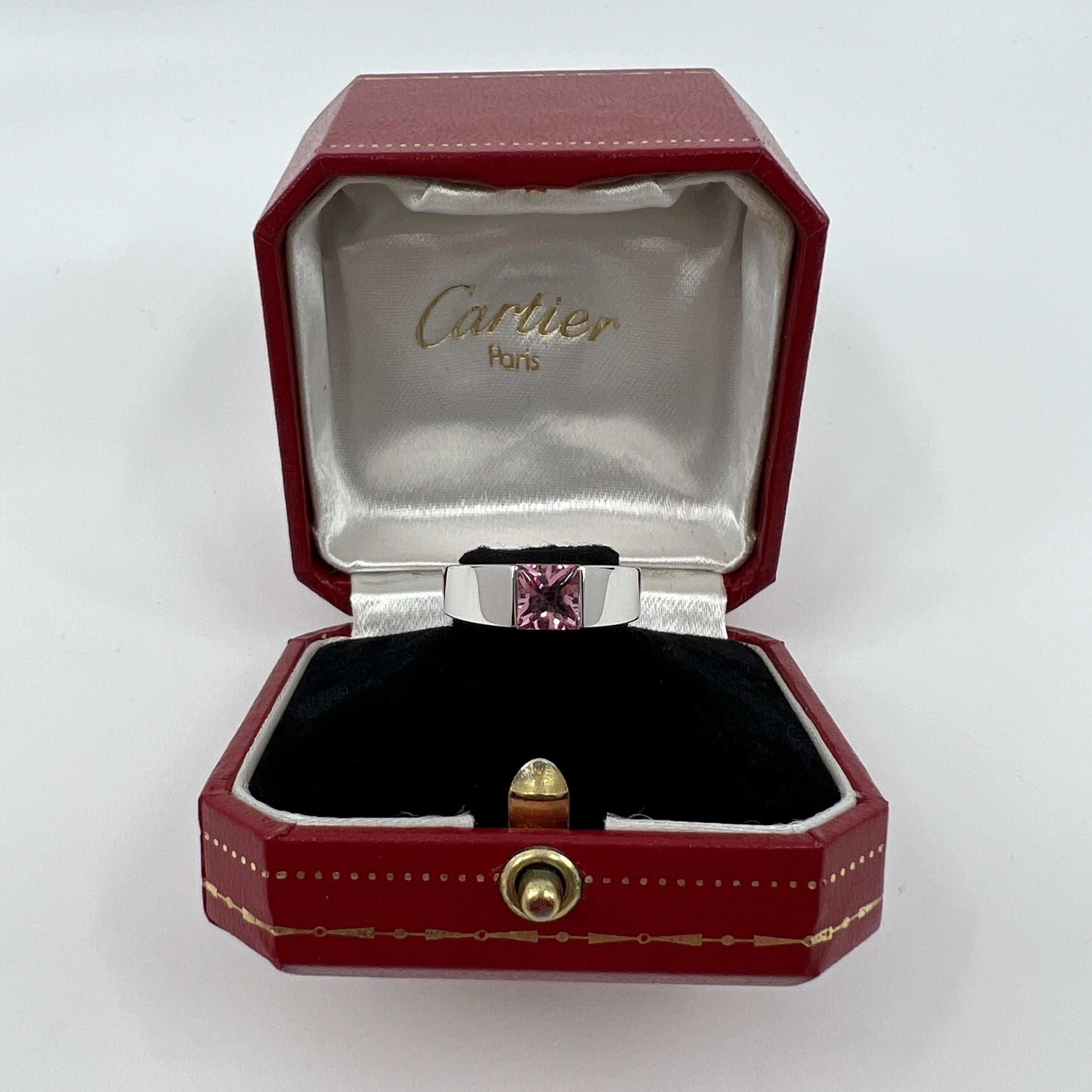 Vintage Cartier Bright Pink Tourmaline 18 Karat White Gold Tank Band Ring 6