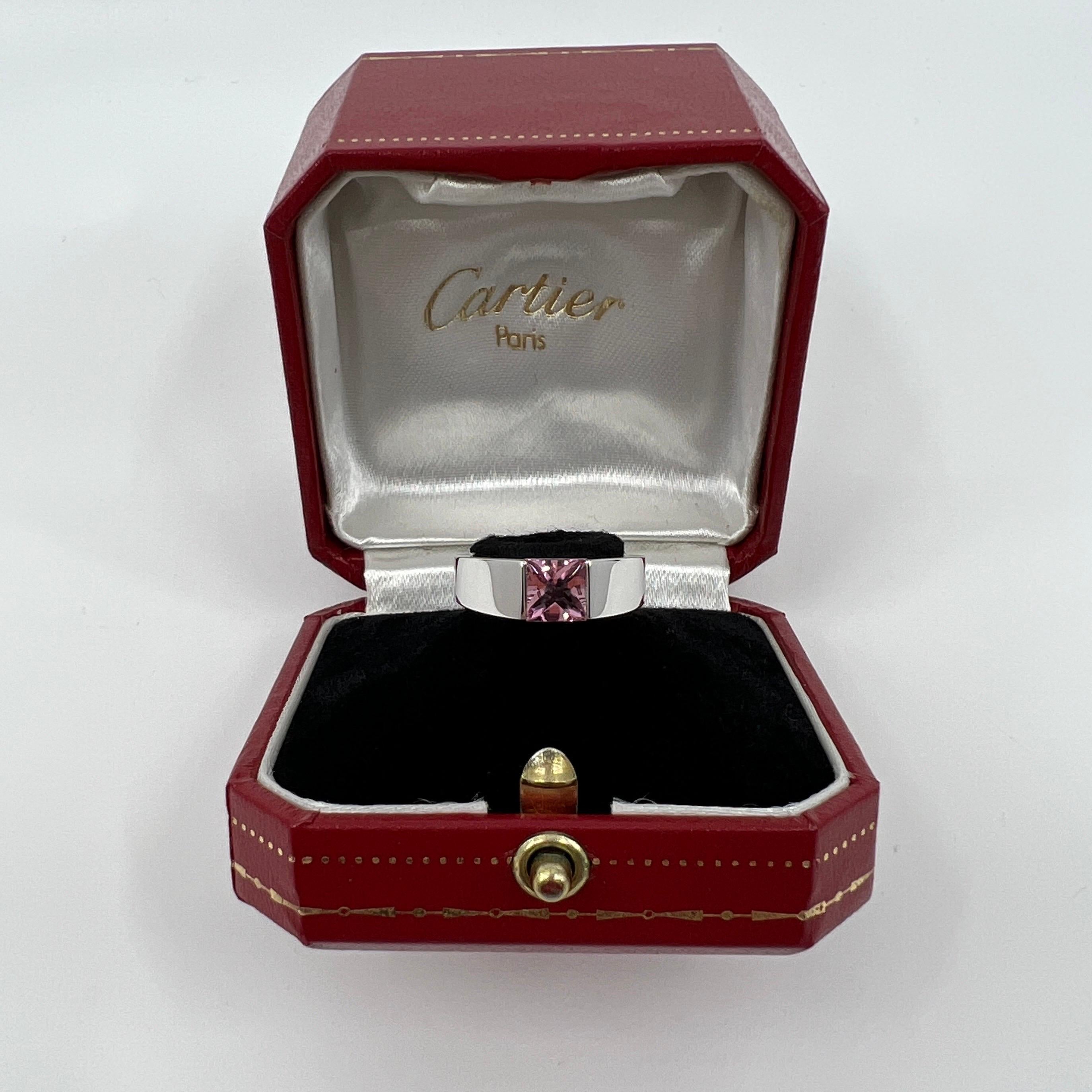 Square Cut Vintage Cartier Bright Pink Tourmaline 18 Karat White Gold Tank Band Ring