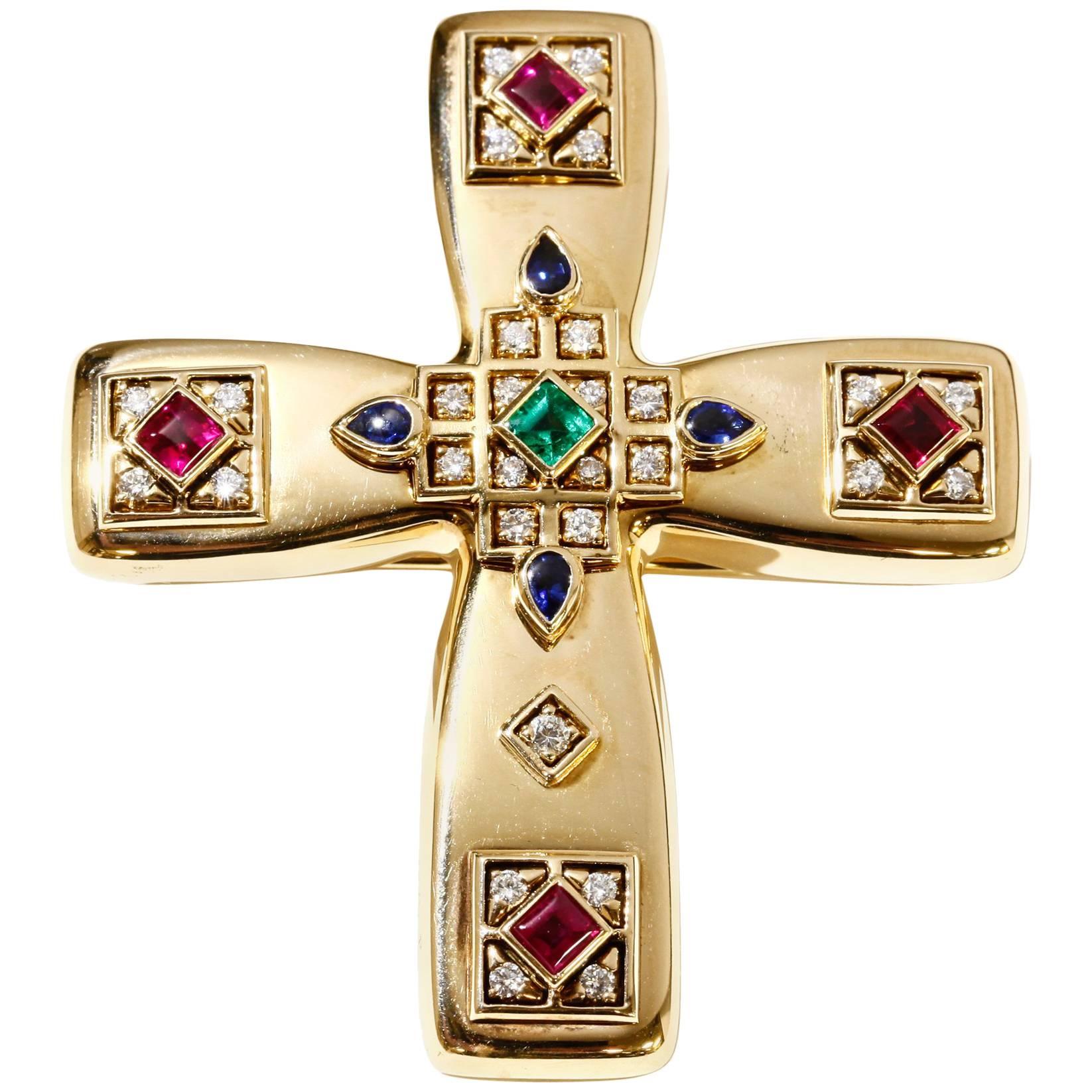 Vintage Cartier Byzantine Cross Pin Pendant 18k Gold Diamonds Rubies Sapphires For Sale