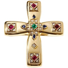Vintage Cartier Byzantine Cross Pin Pendant 18k Gold Diamonds Rubies Sapphires