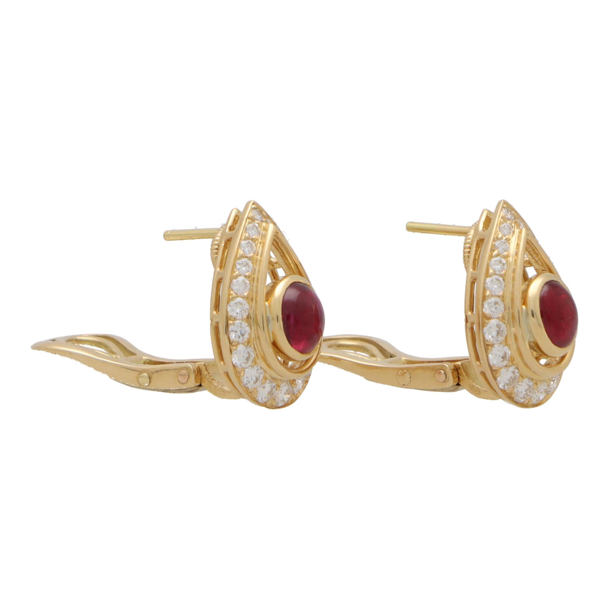 Retro Vintage Cartier Cabochon Ruby and Diamond Earrings