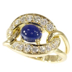 Vintage Cartier Cabochon Sapphire and Diamonds 18 Karat Yellow Gold Ring, 1990s