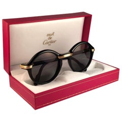 Vintage Cartier Cabriolet Round Black & Gold 49MM 18K Gold Sunglasses 1990