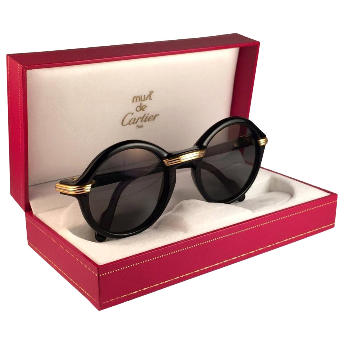 Rare Lunettes de Soleil Vintage Cartier Cabriolet Round Black & Gold 49MM 18K Gold 1990 en vente