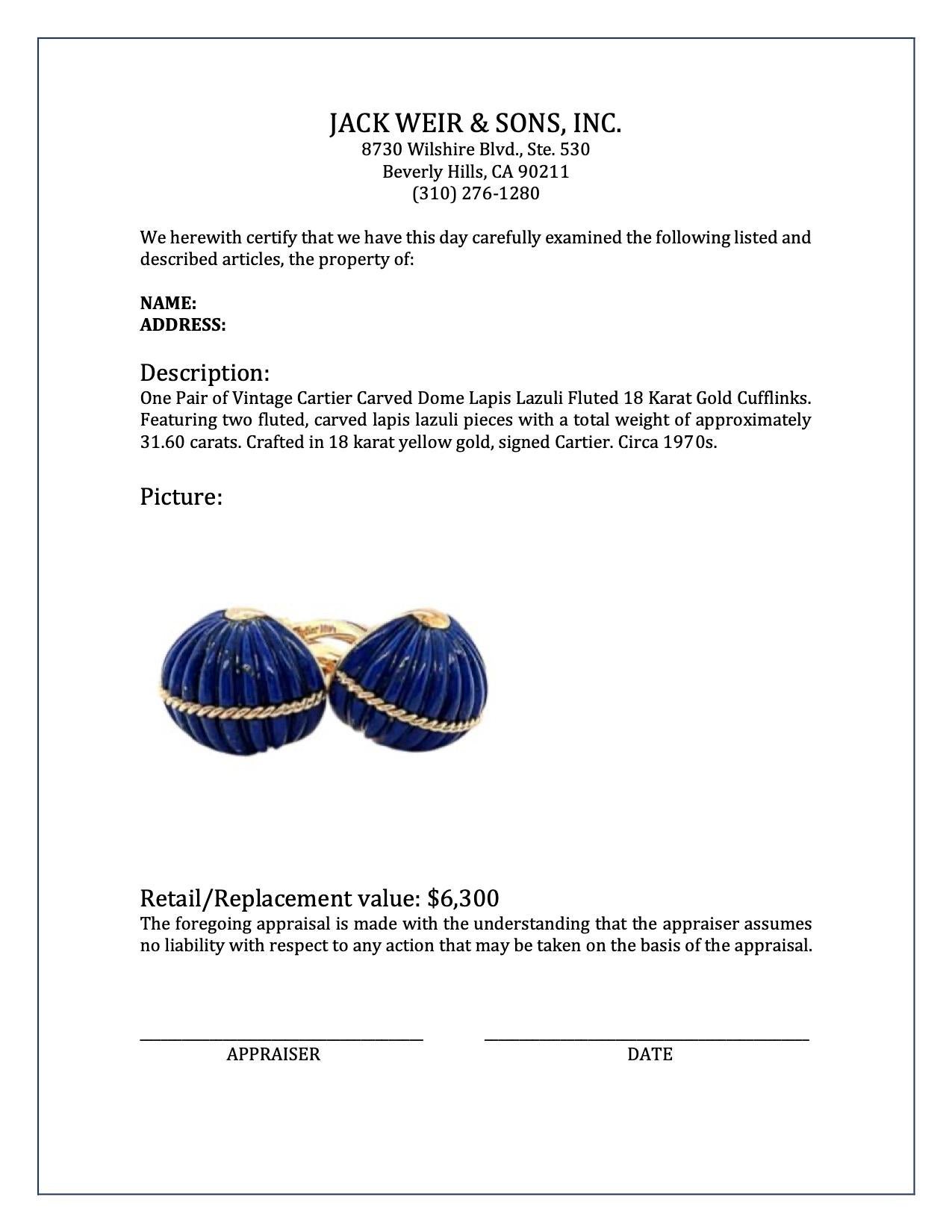 Vintage Cartier Carved Dome Lapis Lazuli Fluted 18 Karat Gold Cufflinks 2