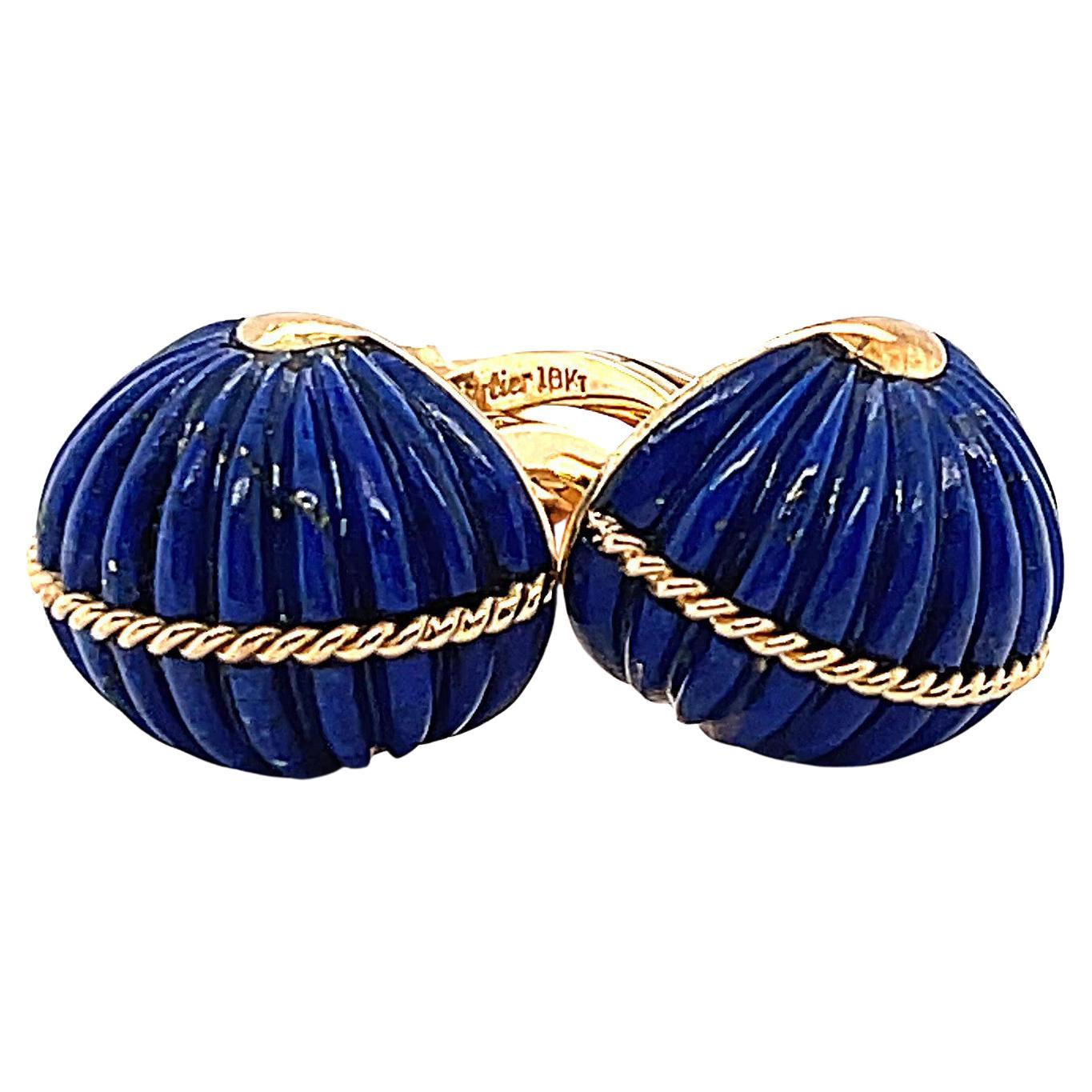 Vintage Cartier Carved Dome Lapis Lazuli Fluted 18 Karat Gold Cufflinks