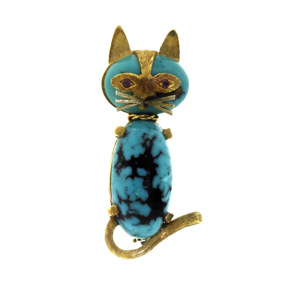 Vintage Cartier Cat 2-Stone Matrix Turquoise with Ruby Eyes Gold Brooch