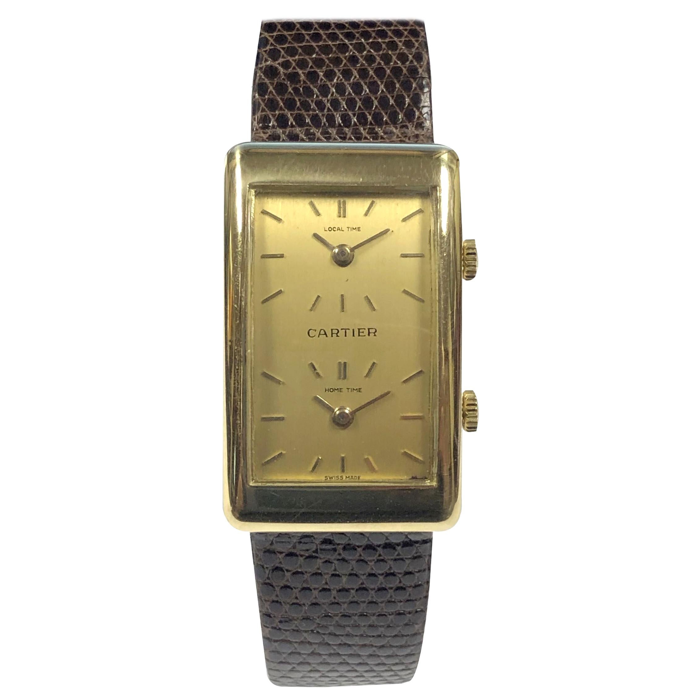 Vintage Cartier Chopard Yellow Gold Two Time Zone Mechanical Wristwatch