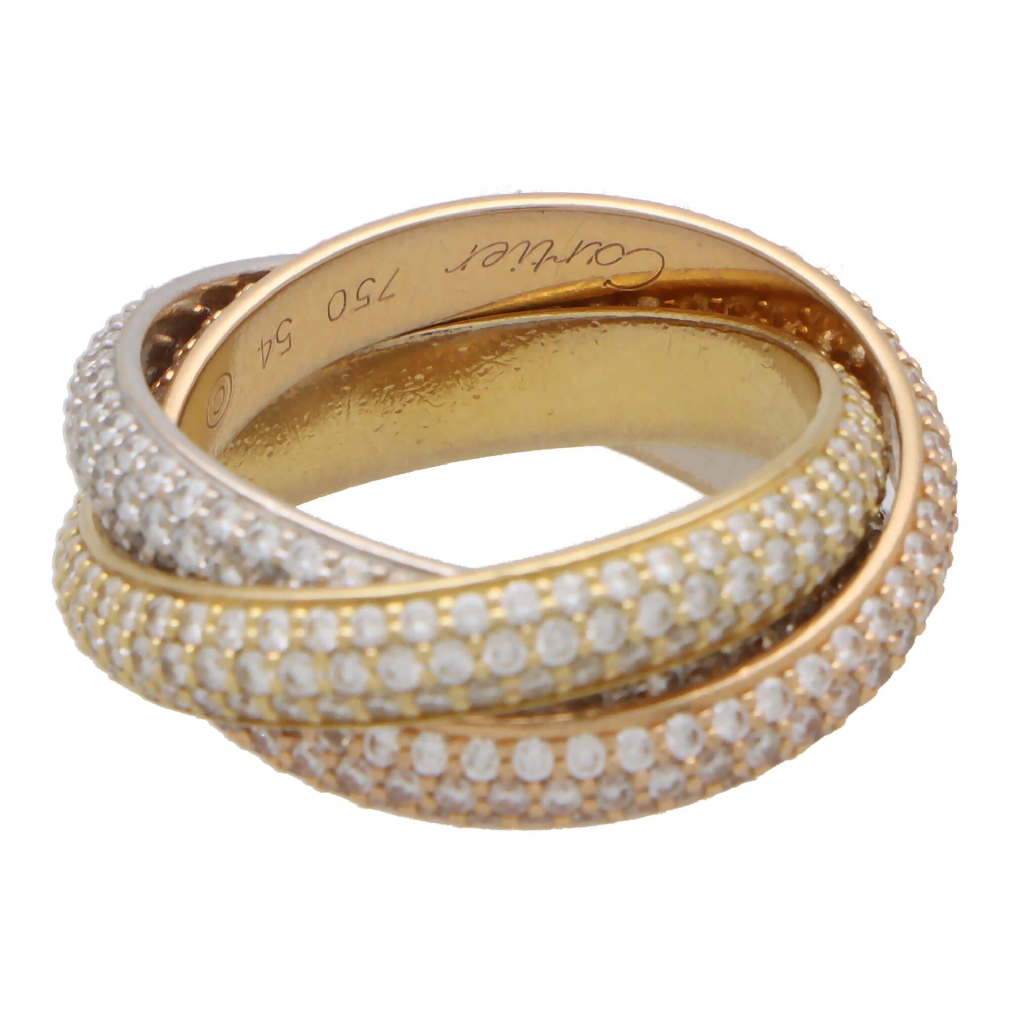 Modern Vintage Cartier Classic Full Diamond Trinity Ring Set in 18k Gold For Sale