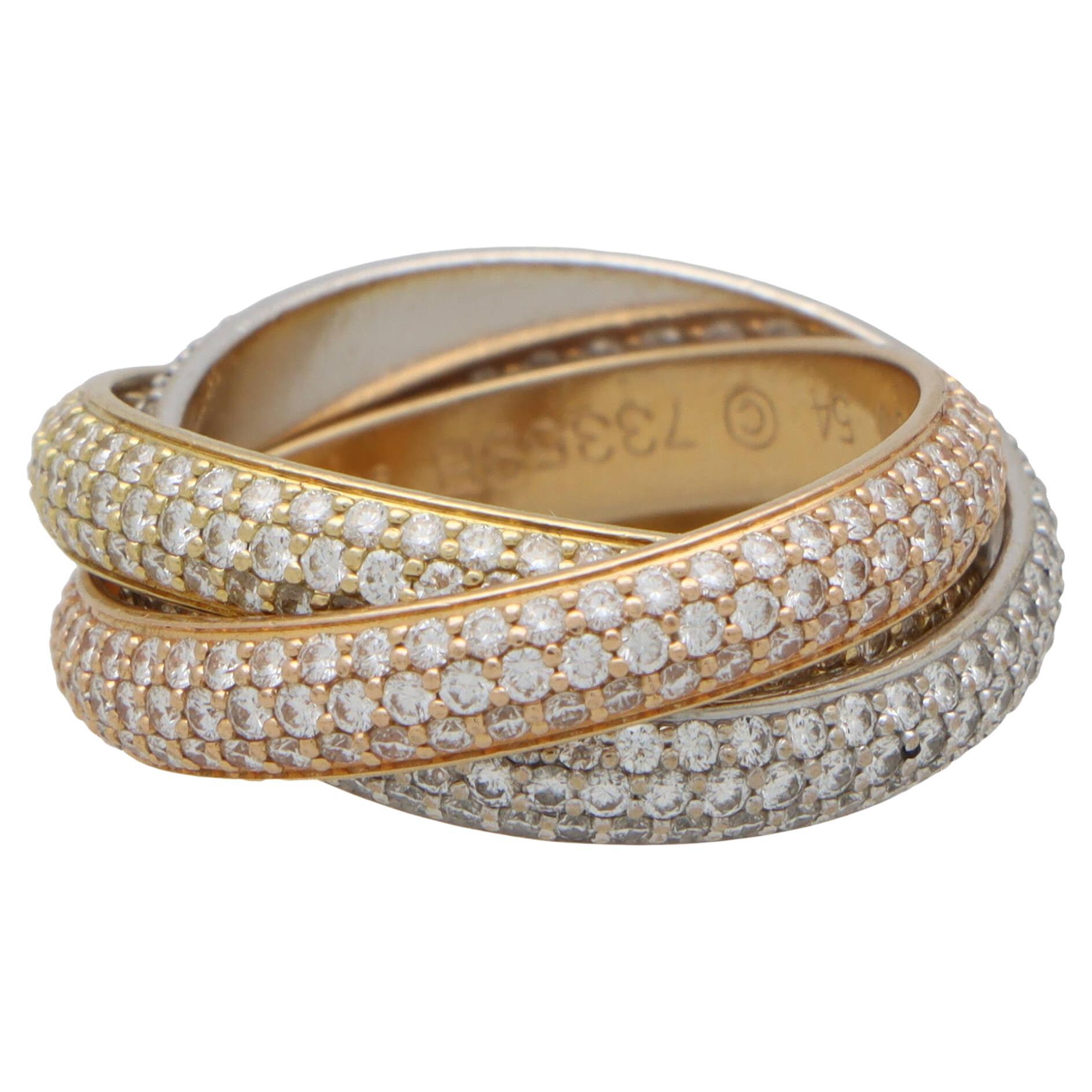 Vintage Cartier Classic Full Diamond Trinity Ring Set in 18k Gold For Sale