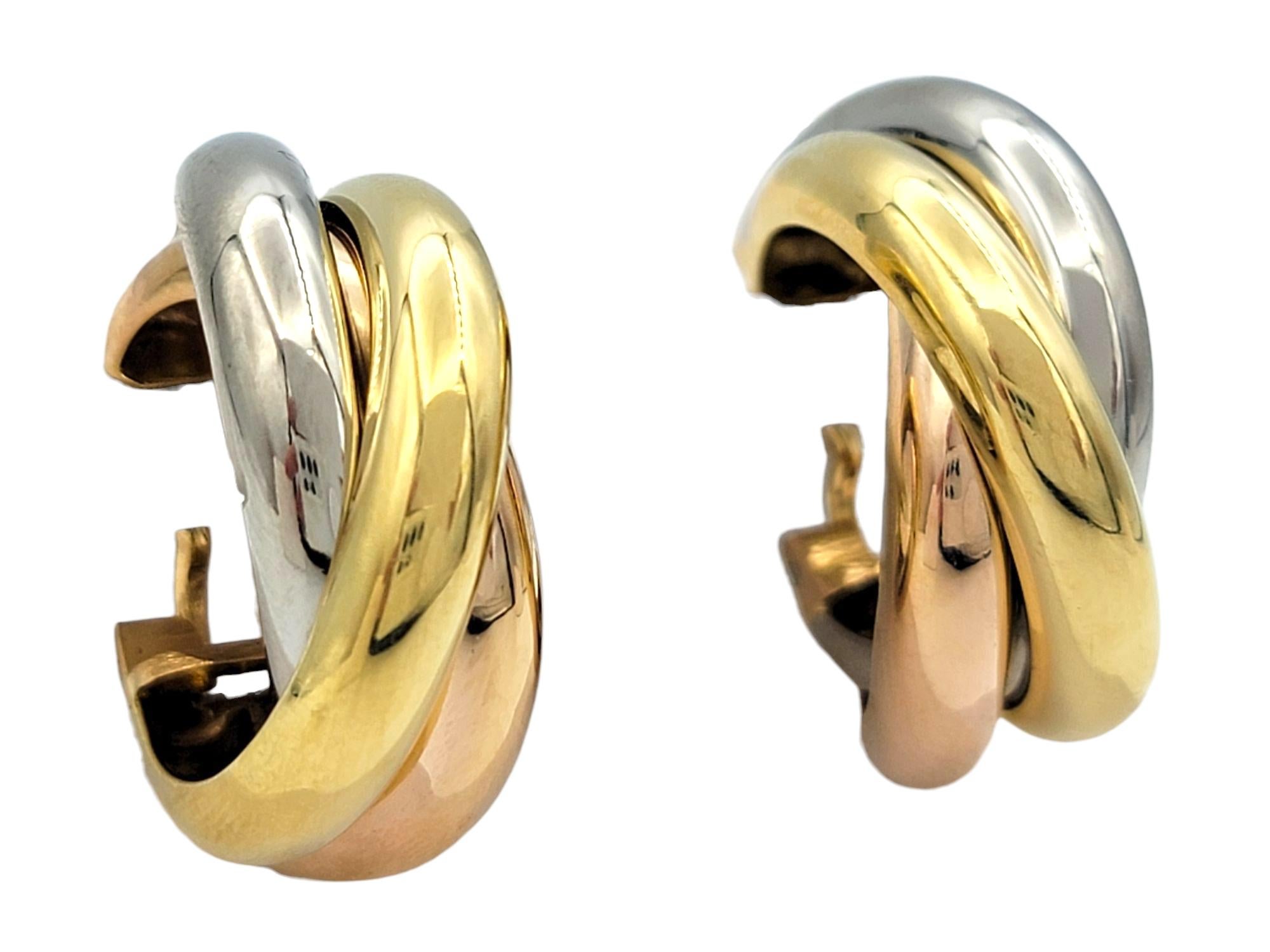 Contemporain Vintage Cartier Clips Trinity Hoop Ears 18 Karat Yellow, White & Rose Gold en vente