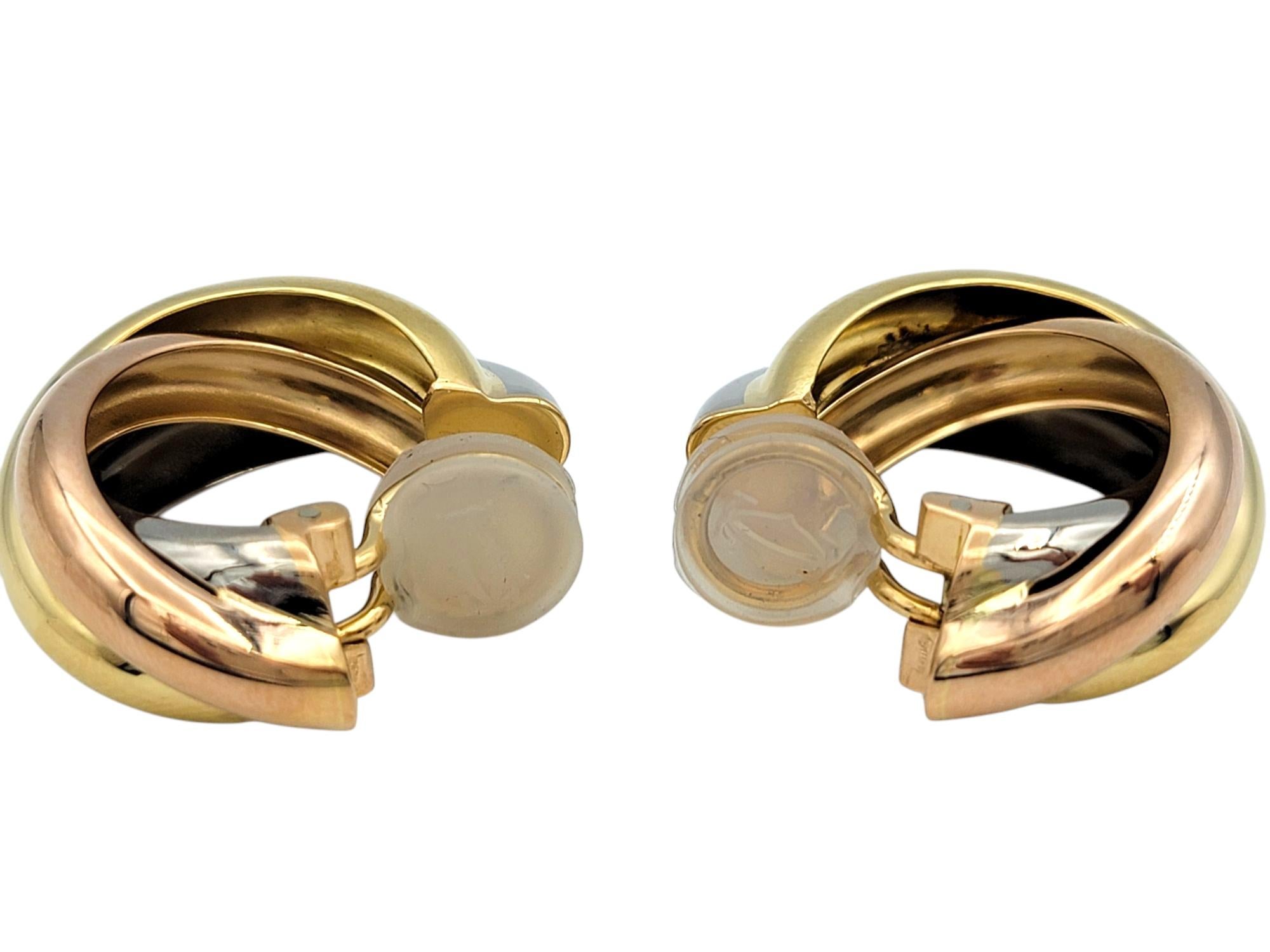 Vintage Cartier Clips Trinity Hoop Ears 18 Karat Yellow, White & Rose Gold en vente 1