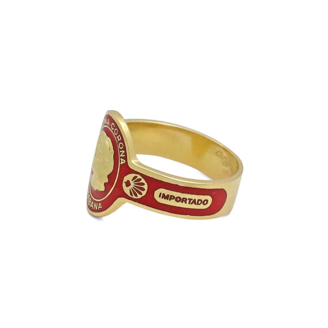 Authentic Cartier 'Corona Corona Habana' enamel ring crafted in 18 karat yellow gold. This whimsical ring is emblazoned with the logo of the 'Corona Habana' cigar. The ring is a size 64 EU, 10.5 US. Signed Cartier, 18K. The ring is not presented