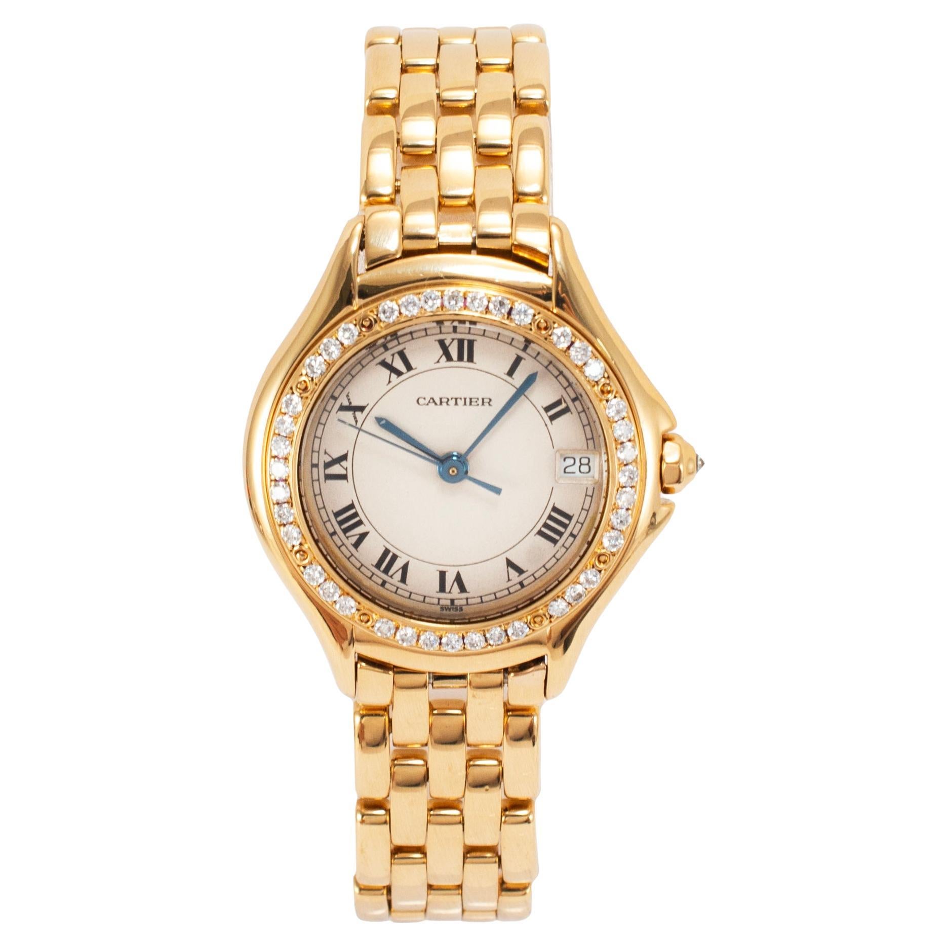 Montre à quartz vintage Cartier Cougar 26MM 887907 or jaune 18K lunette diamants
