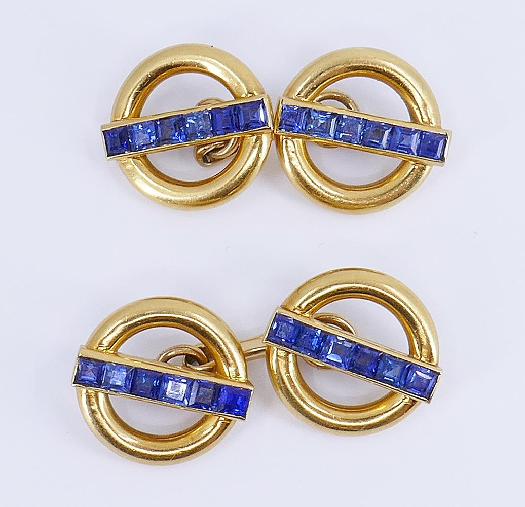 Square Cut Vintage Cartier Cufflinks 18k Gold Sapphire Estate Jewelry
