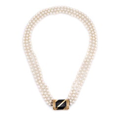 Vintage Cartier Cultured Pearl Necklace Triple Strand 6mm 18k Gold Onyx Clasp