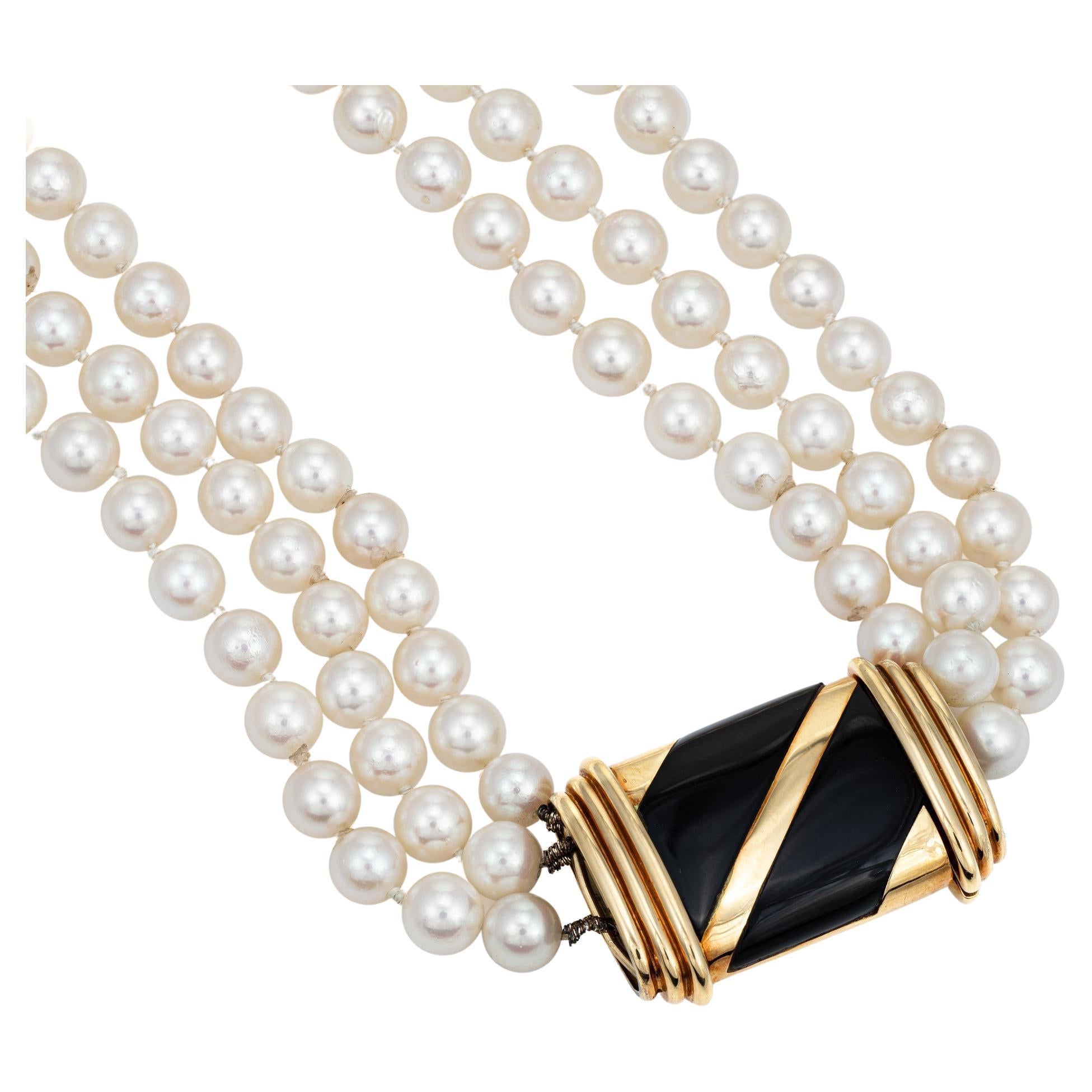Vintage Cartier Cultured Pearl Necklace Triple Strand 6mm 18k Gold Onyx Clasp For Sale