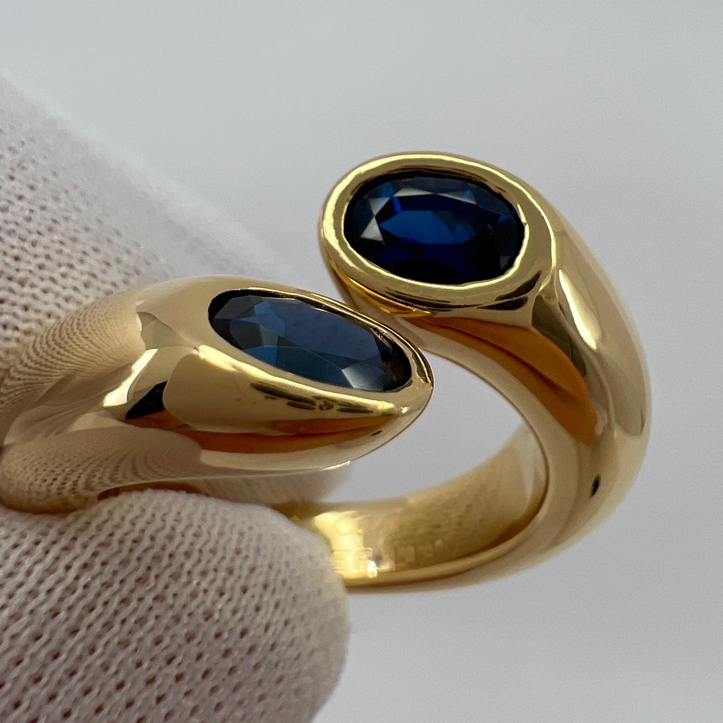 Vintage Cartier Deep Blue Sapphire Ellipse Oval Cut 18k Gold Bypass Split Ring 7