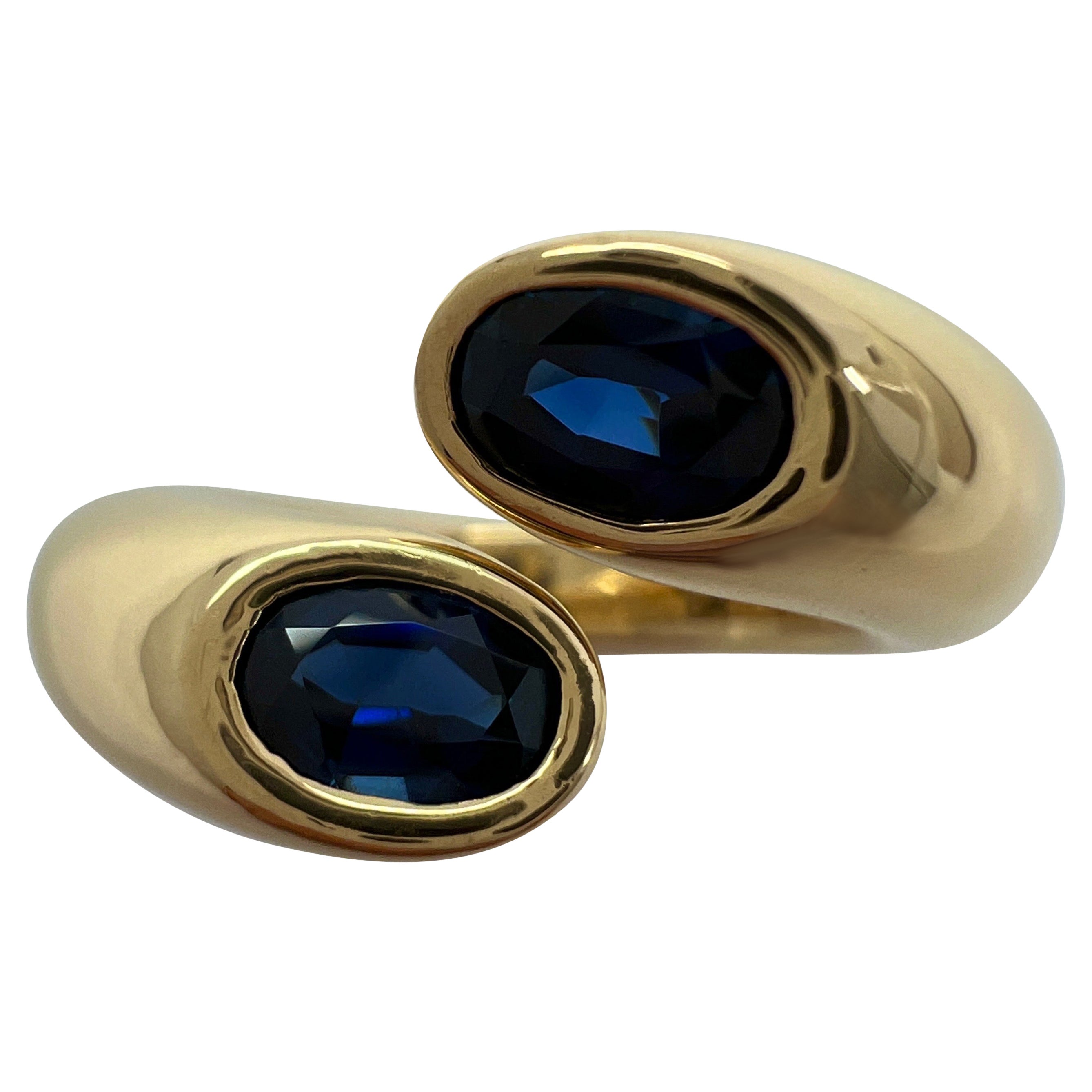 Vintage Cartier Deep Blue Sapphire Ellipse Oval Cut 18k Gold Bypass Split Ring