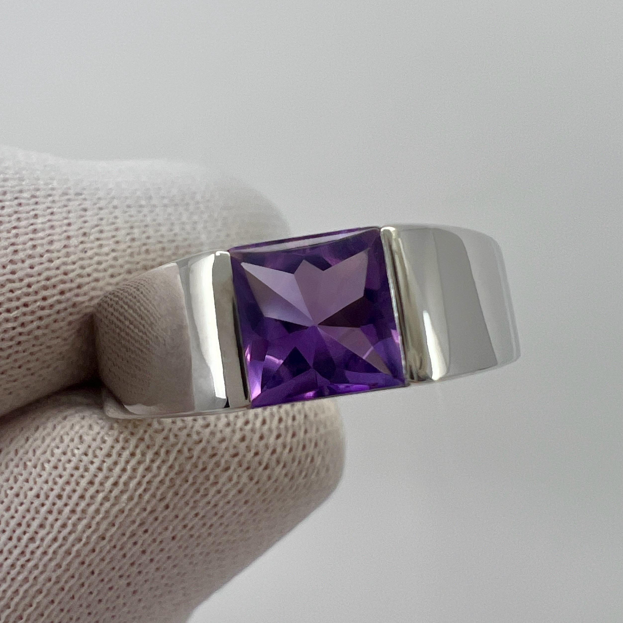 Women's or Men's Vintage Cartier Deep Purple Amethyst 18k White Gold Tank Band Solo Ring 51  For Sale