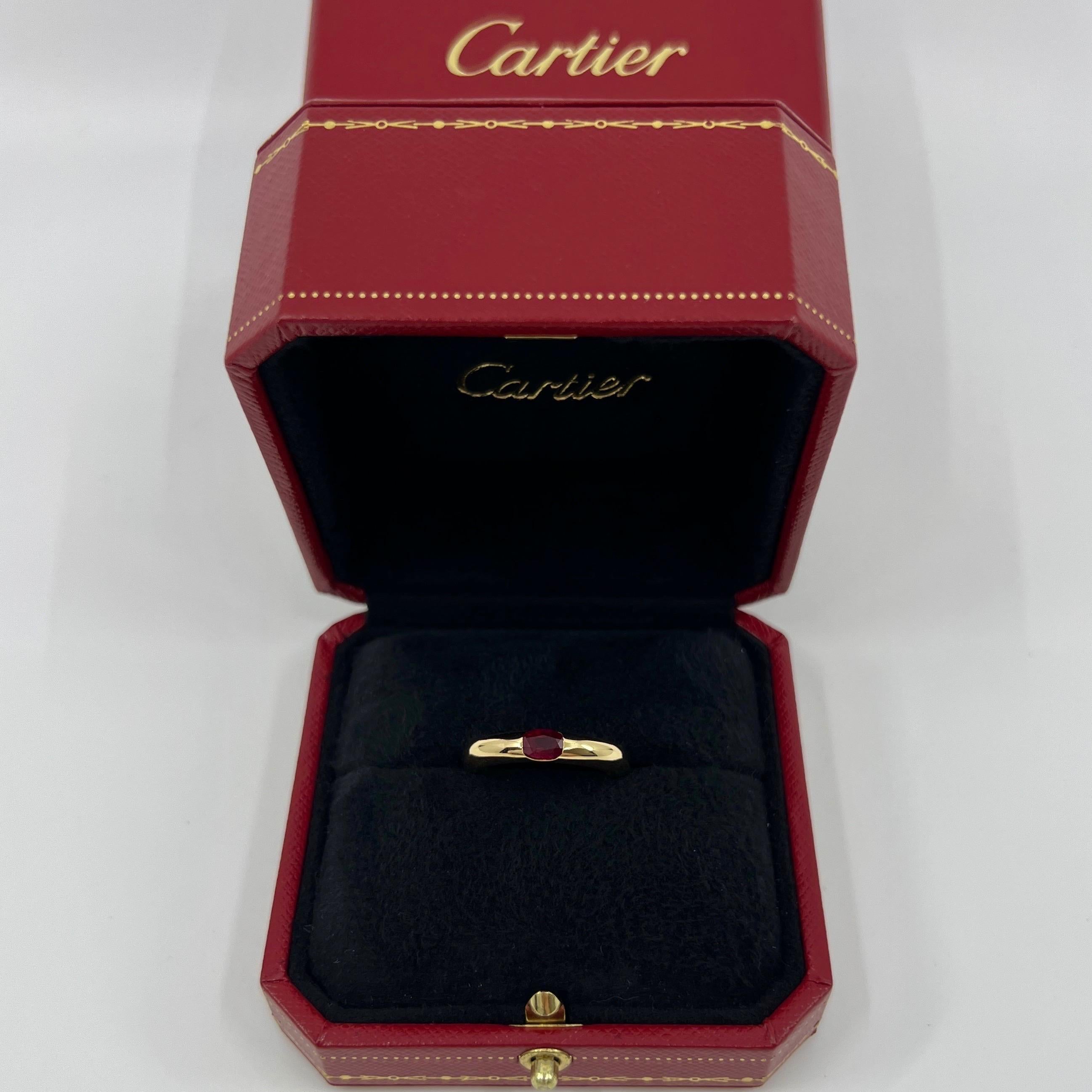 Vintage Cartier Deep Red Oval Cut Ruby 18k Yellow Gold Solitaire Band Ring.

Stunning yellow gold ring set with a fine deep red ruby. Fine jewellery houses like Cartier only use the finest of gemstones and this ruby is no exception. An excellent