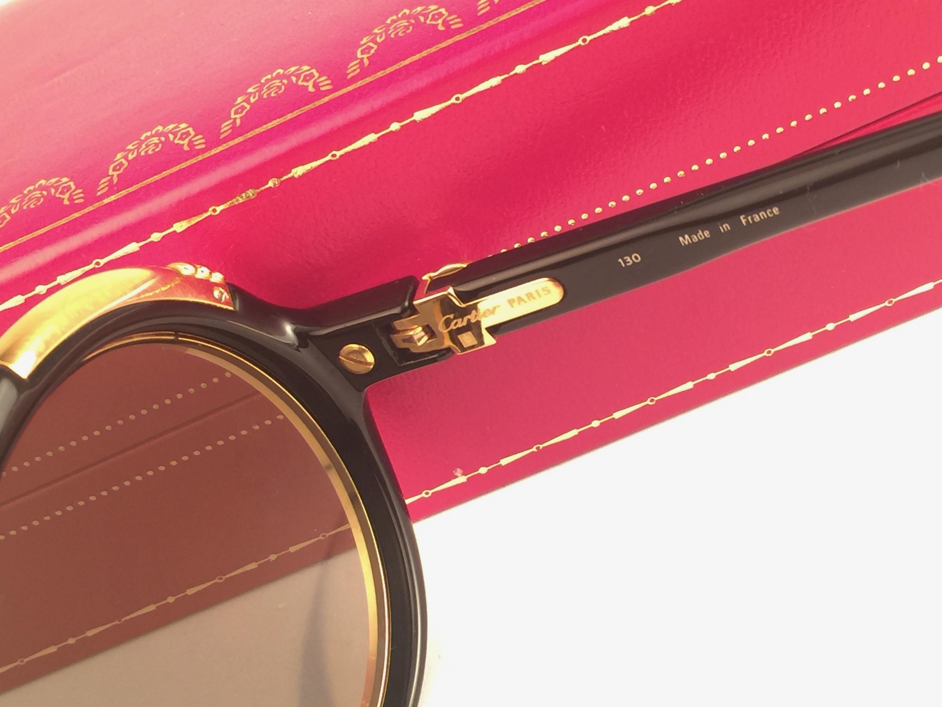 Beige Vintage Cartier Diabolo Gold & Black 53mm 24k Gold Sunglasses France