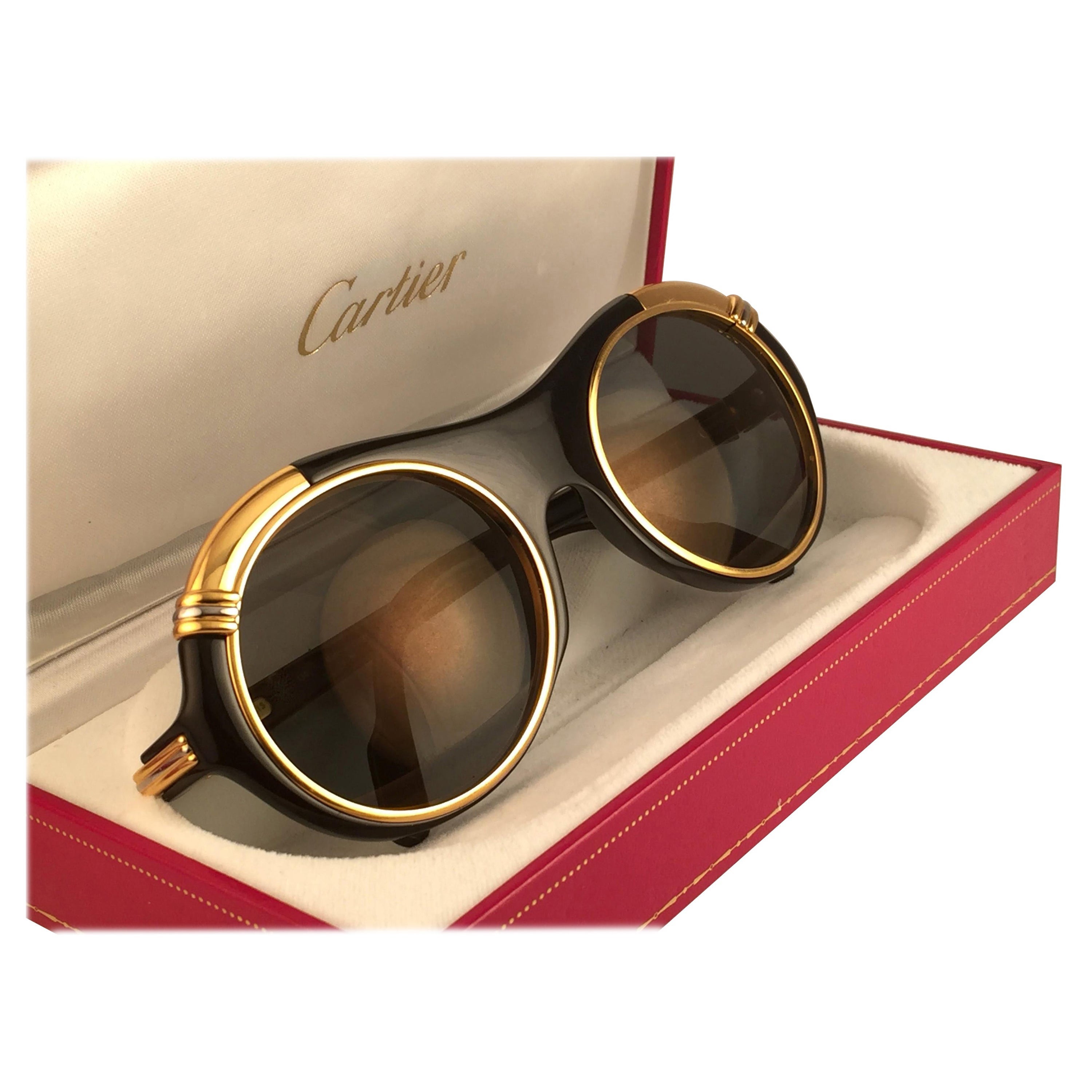 Vintage Cartier Diabolo Gold 
Black 53mm 24k Gold Sunglasses France For Sale