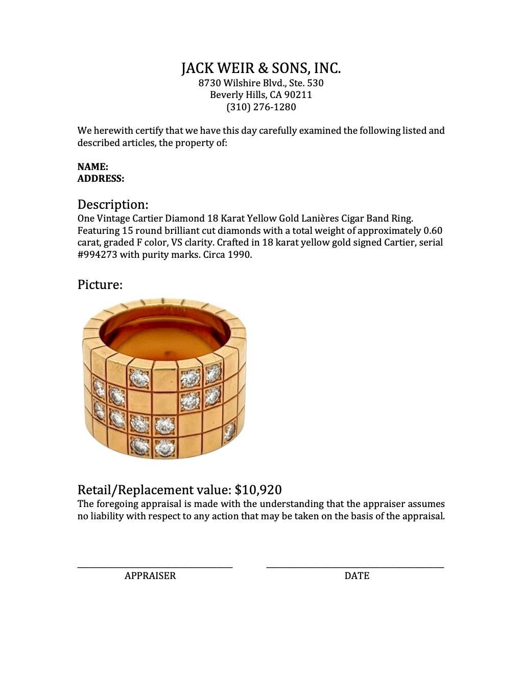 Vintage Cartier Diamond 18 Karat Yellow Gold Lanières Cigar Band Ring In Excellent Condition In Beverly Hills, CA