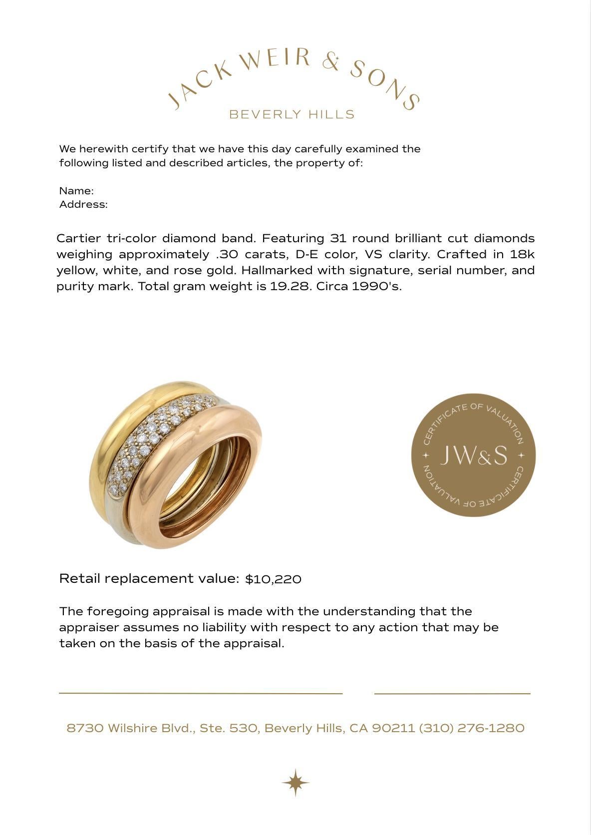 Anello Cartier d'epoca a tripla fascia con diamanti in oro 18 carati tricolore In condizioni buone in vendita a Beverly Hills, CA