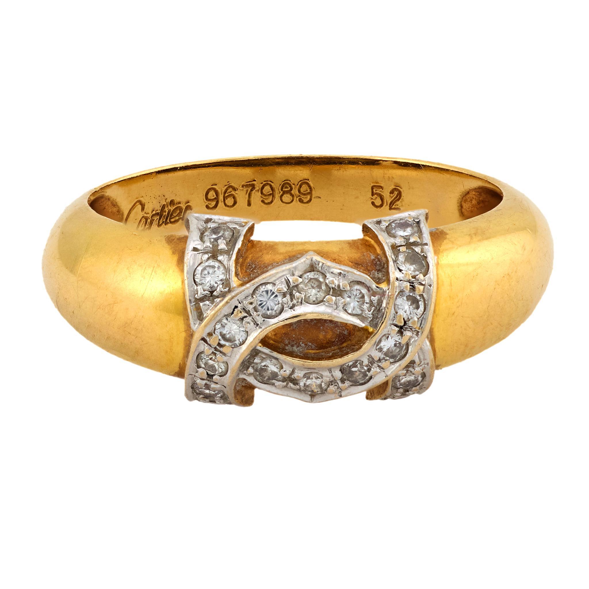 Contemporary Vintage Cartier diamond 18k yellow gold double C band For Sale