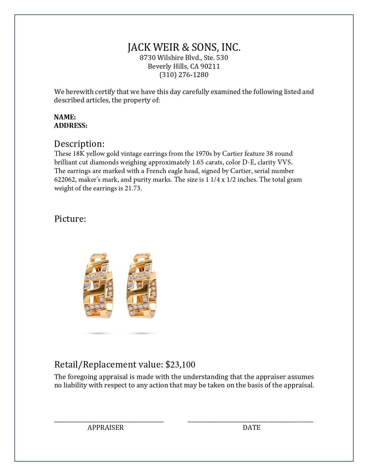 Ohrringe aus 18 Karat Gelbgold mit Diamanten von Cartier im Zustand „Hervorragend“ in Beverly Hills, CA