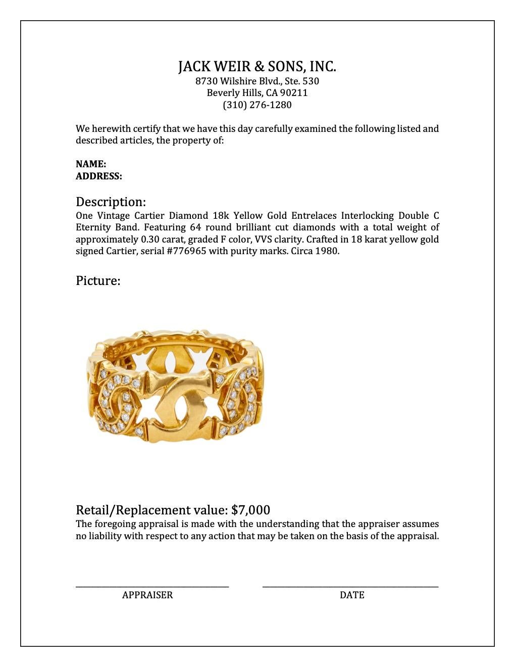 Vintage Cartier 18 Karat Gelbgold Entrelaces ineinandergreifendes Doppel-C-Ring mit Diamanten 1