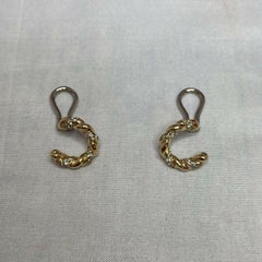 Vintage Cartier Diamond 18K Yellow White Gold Twist Hoop Earrings In Cartier Box